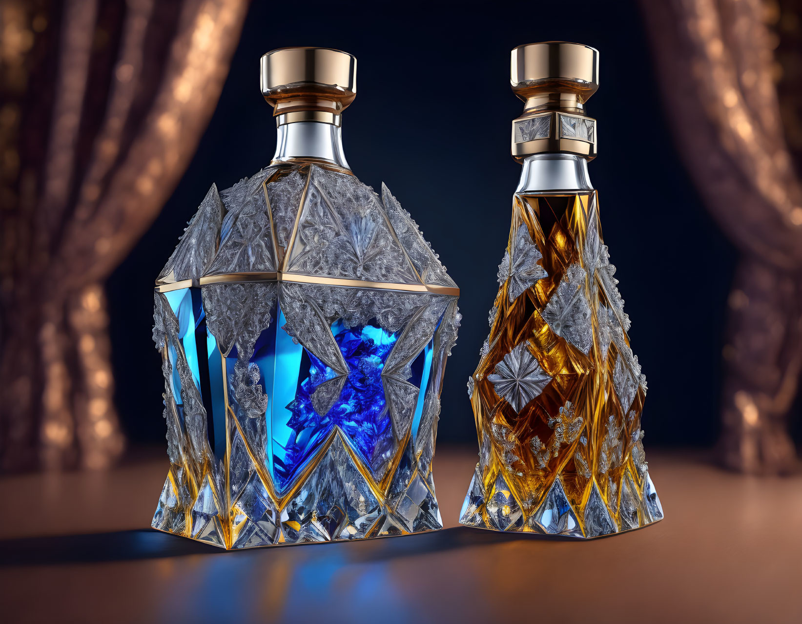 Crystal-cut perfume bottles with gold caps, blue and amber liquid, on dark bokeh background