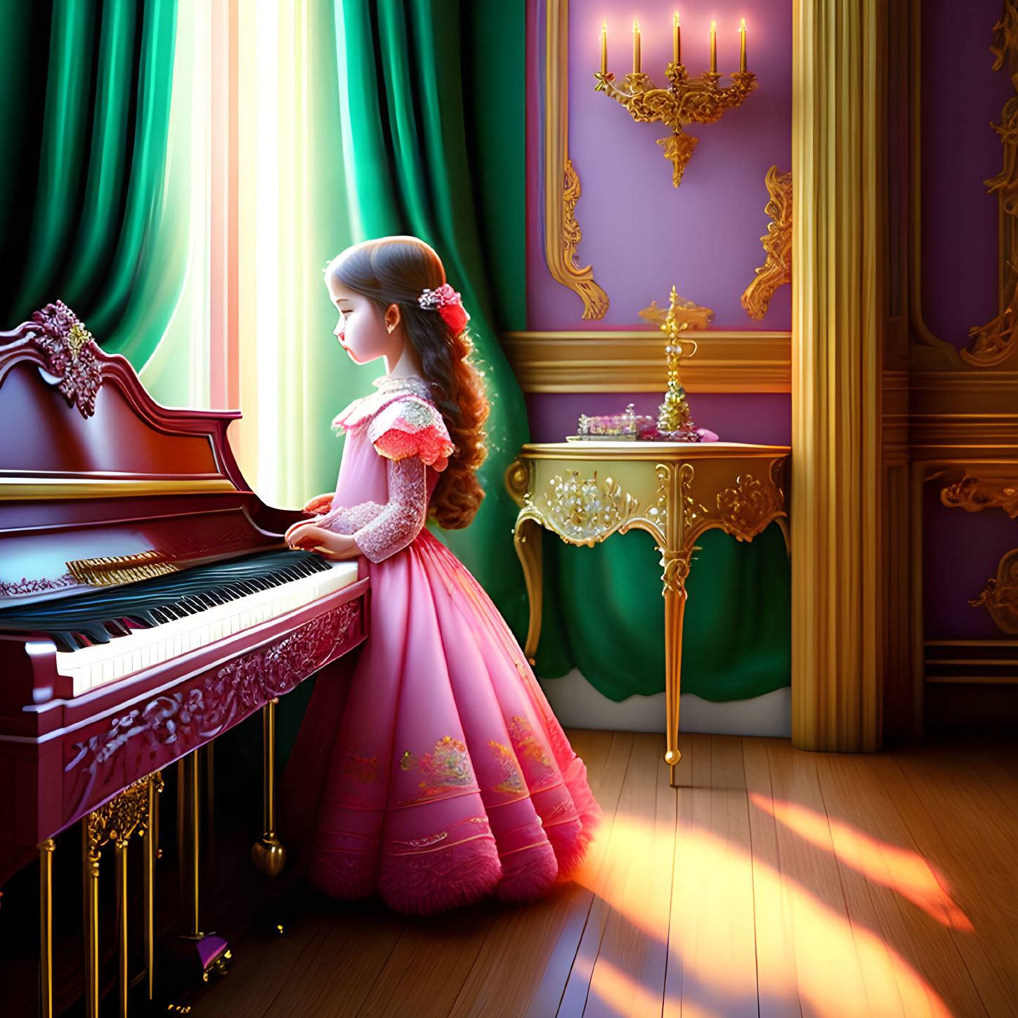 Young girl in Victorian dress playing grand piano in opulent room