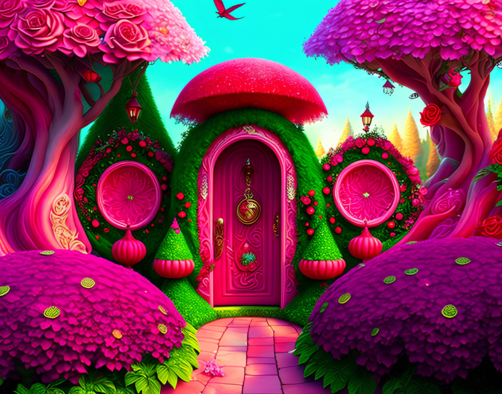 Colorful Fantasy Landscape with Pink Mushroom House in Enchanted Forest