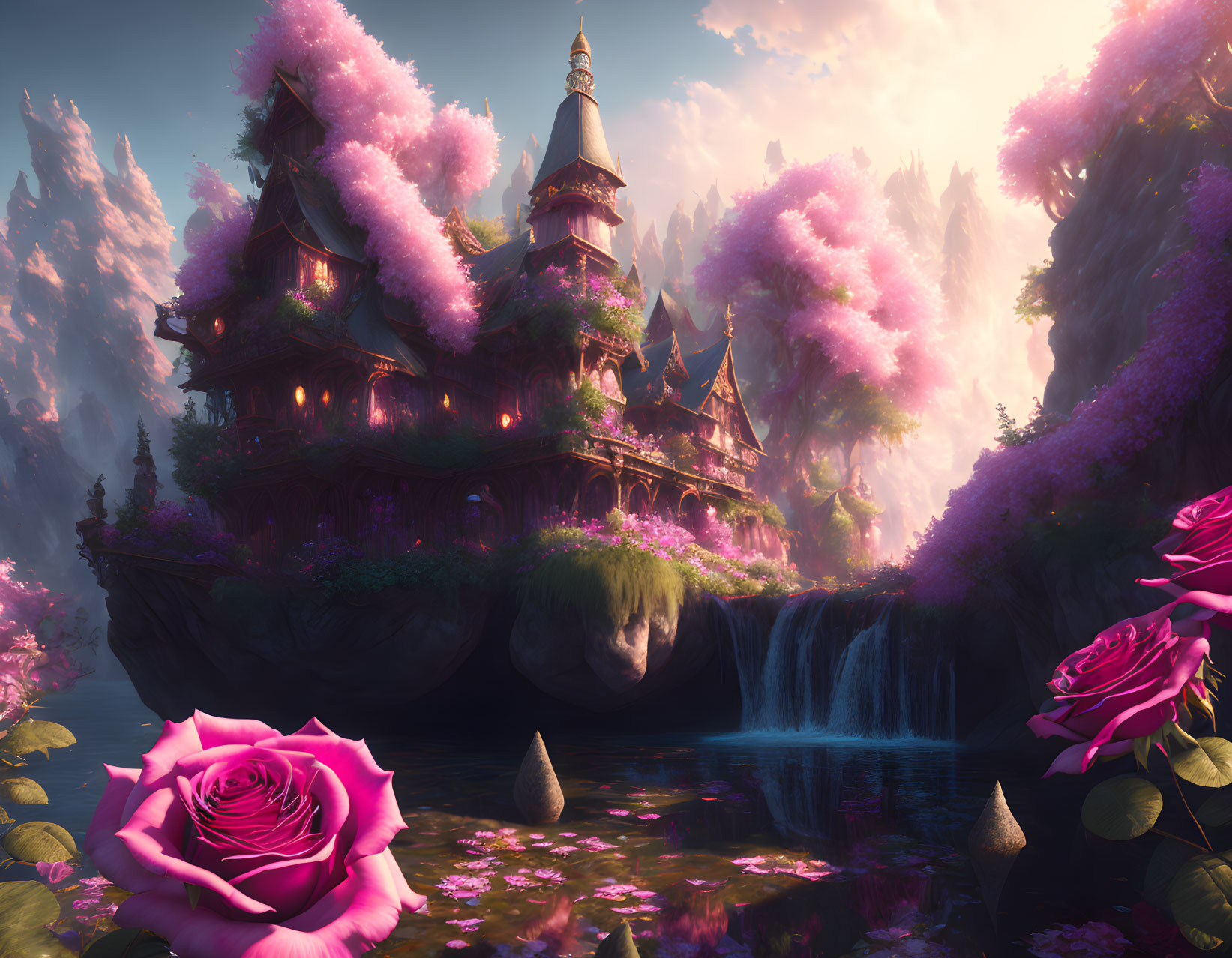 Floating Island with Enchanted Fairytale House and Pink Trees