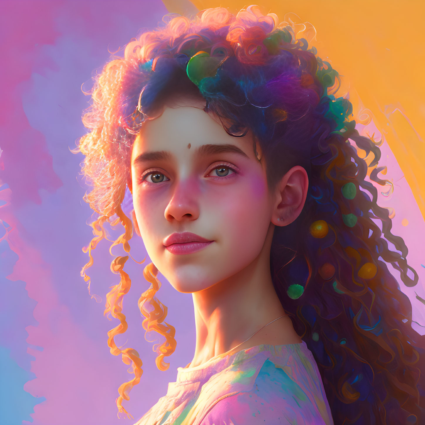 Colorful Curly-Haired Girl in Warm Iridescent Light on Pink Background