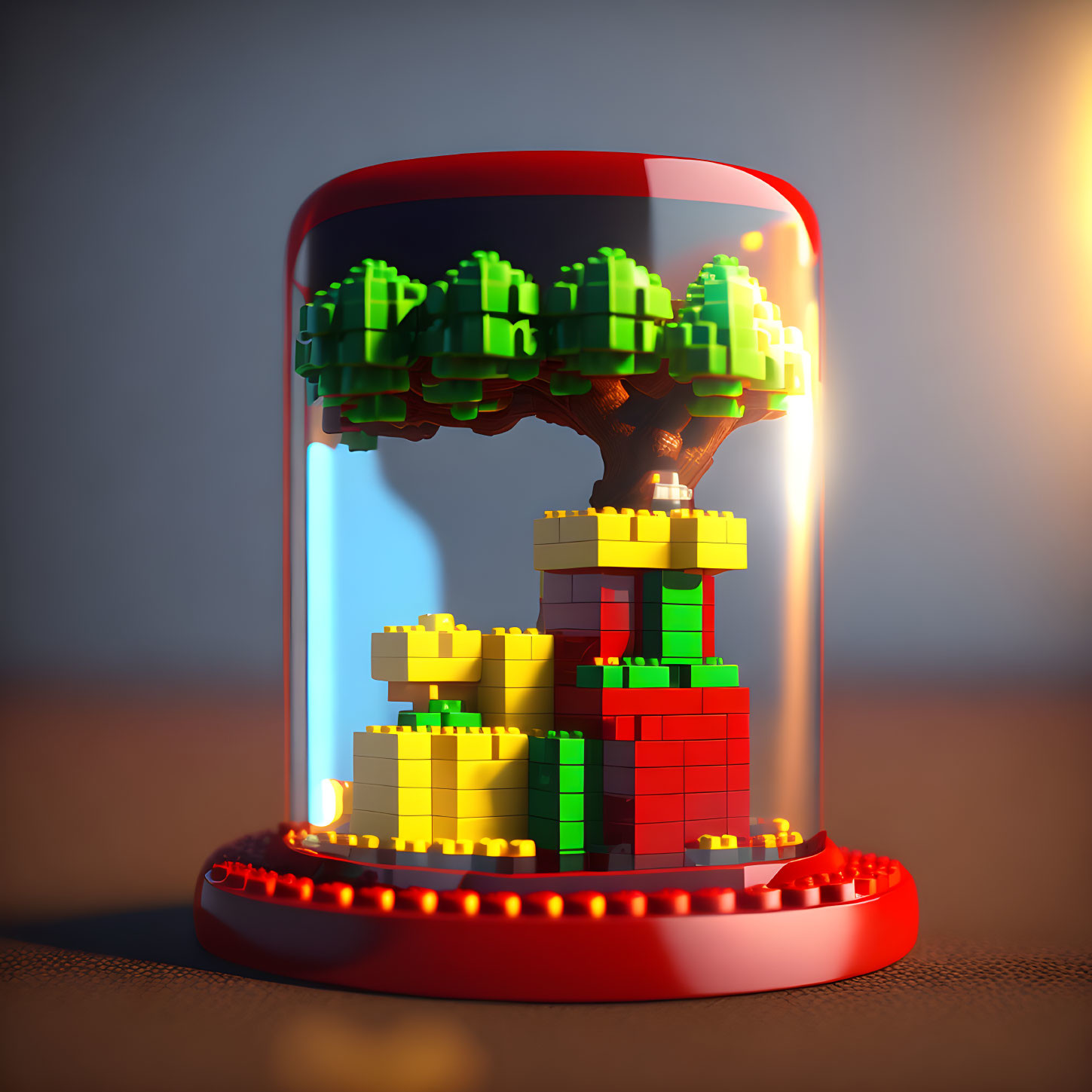 Colorful block-style miniature scene under glass dome with tree, grass, and duck on pedestal.