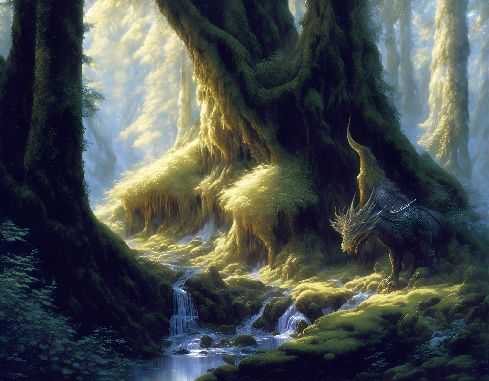 Mystical forest scene with sun rays, mossy floor, and mythical dragon by stream