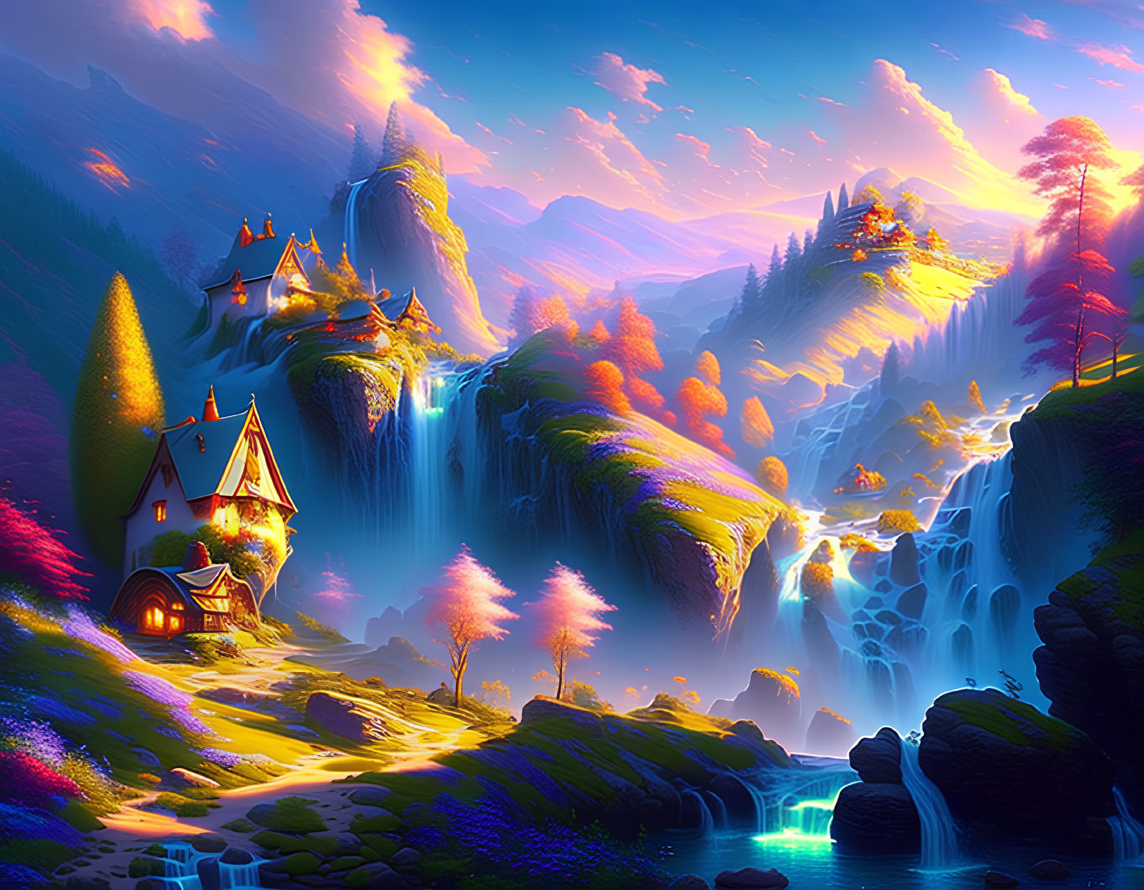 Colorful Sunset Sky Over Fantasy Landscape with Waterfalls & Cozy House