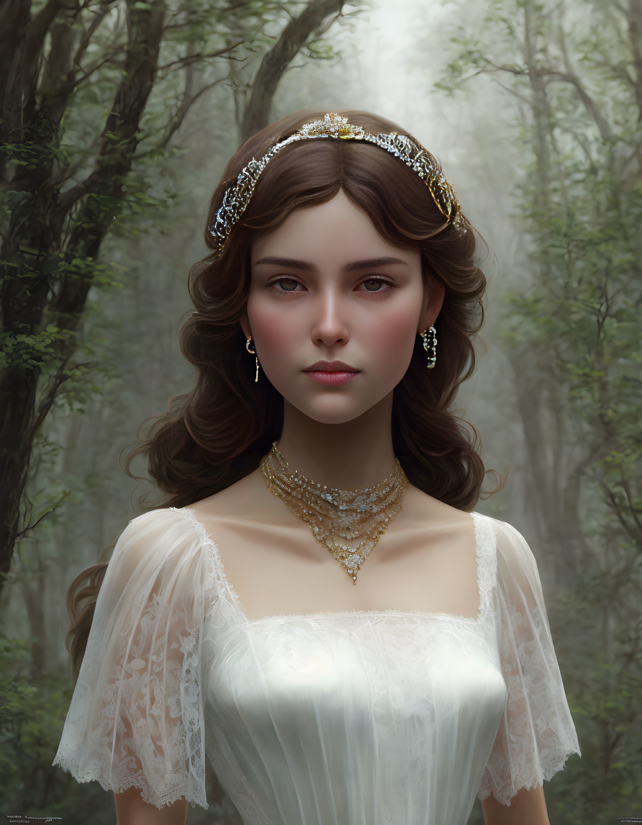 Elegant woman in jeweled headpiece and white dress in misty forest