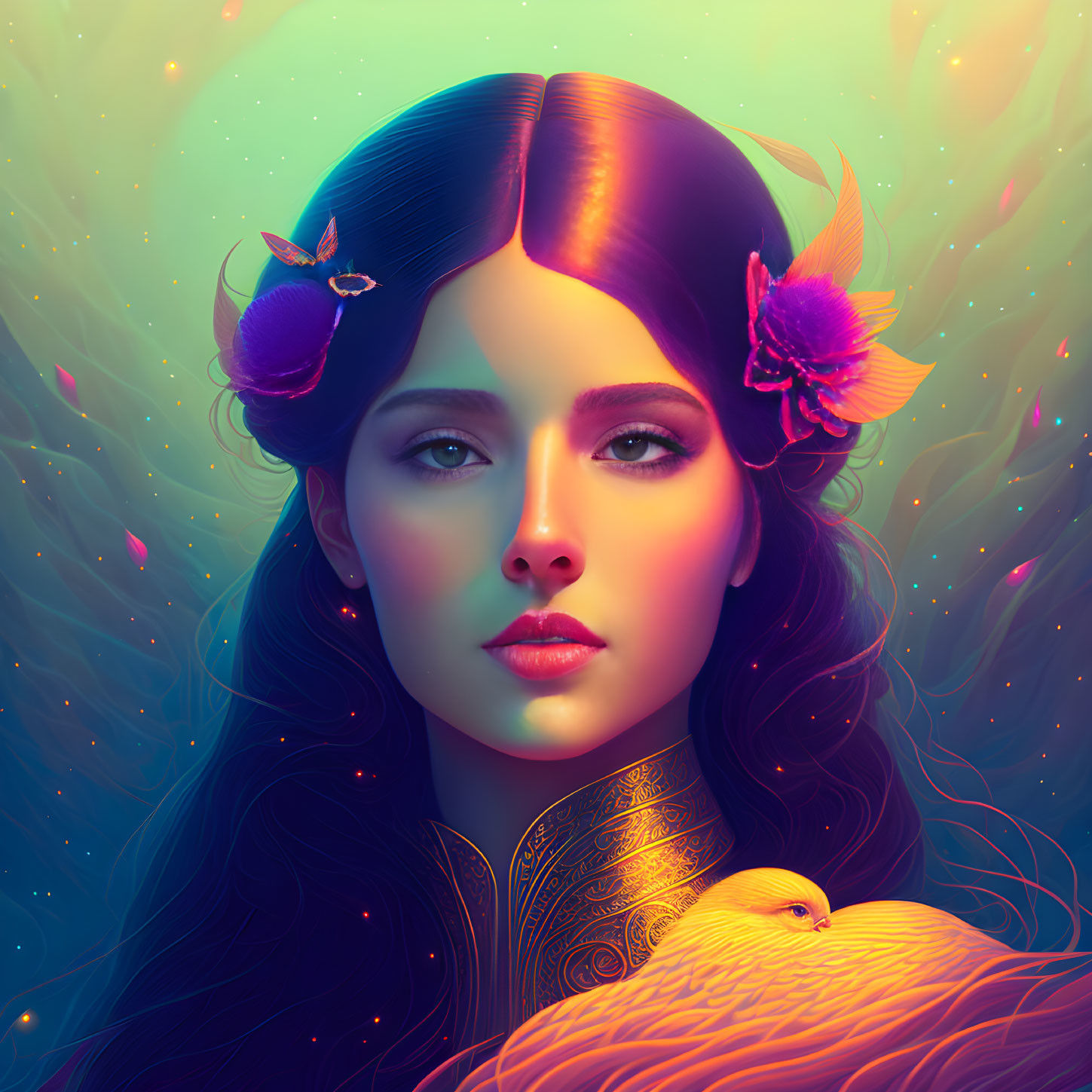 Colorful digital artwork featuring woman with glossy hair, floral accessories, and golden bird.