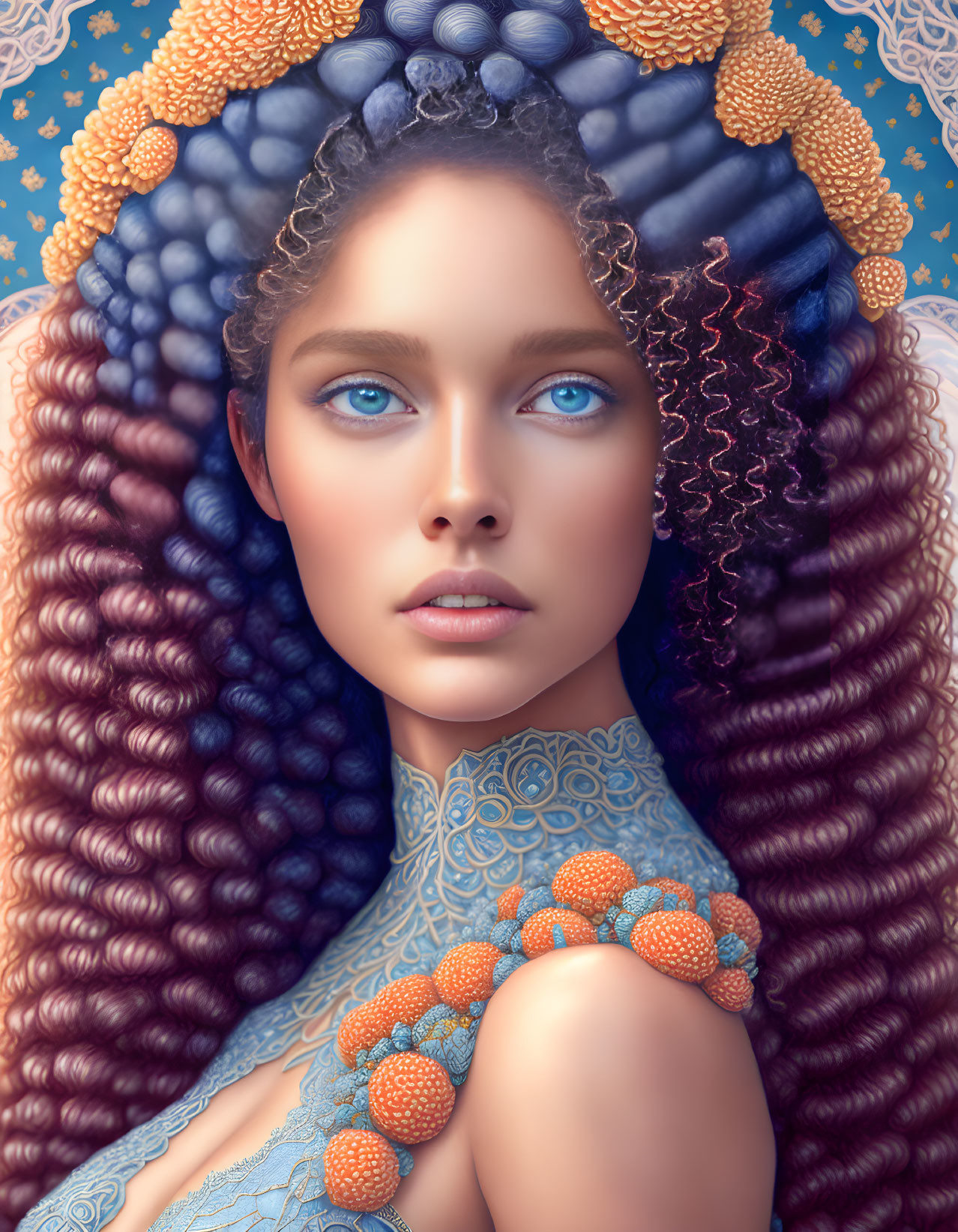 Blue-skinned woman with intricate hair and striking eyes in digital art portrait