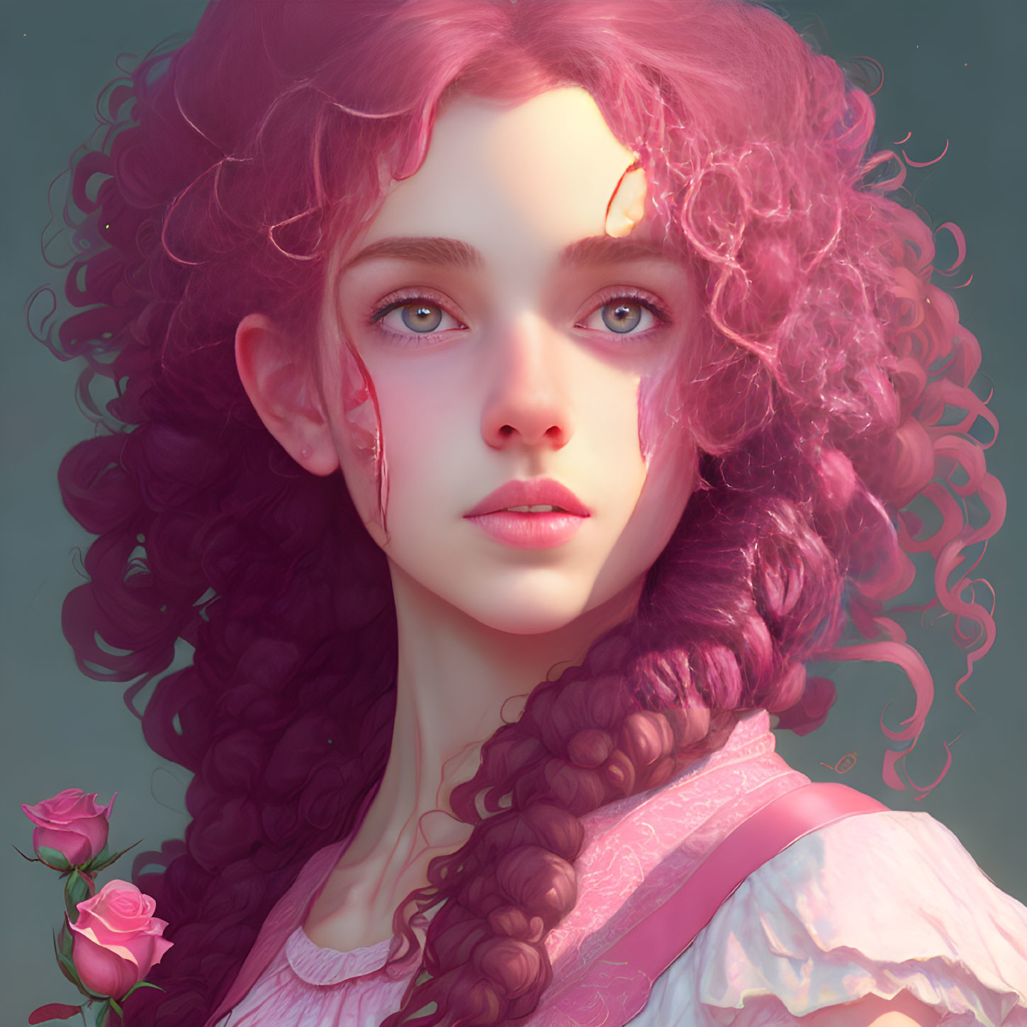 Digital illustration of girl with curly pink hair, pointed ears, blue eyes, and roses