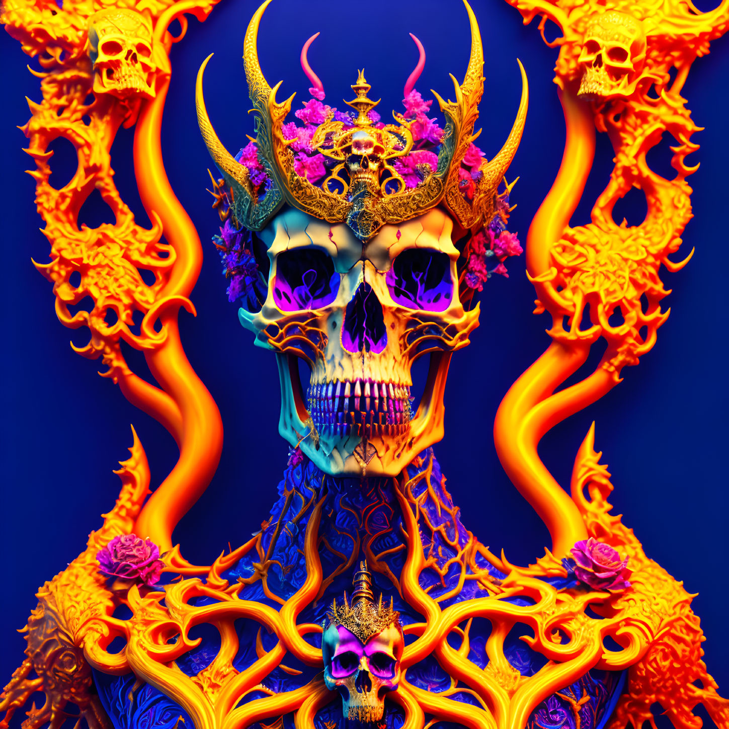 Colorful digital artwork: skull with patterns, flames, ornate horns, and smaller skulls on blue