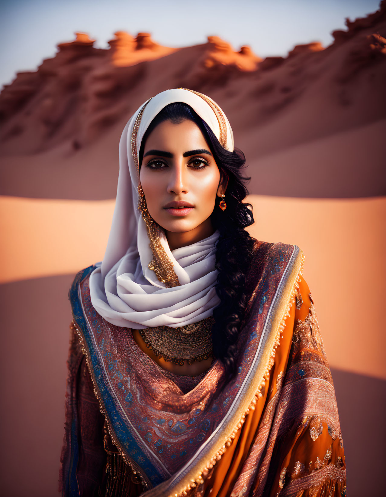 Traditional attire woman in headscarf against sand dunes under golden light