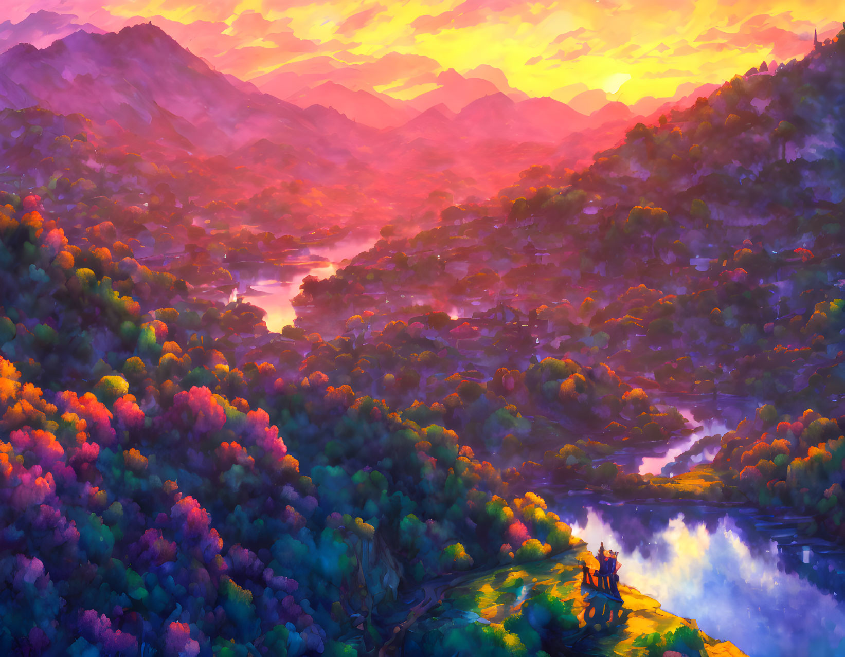 Colorful Sunset Landscape: Mountains, River, Silhouettes