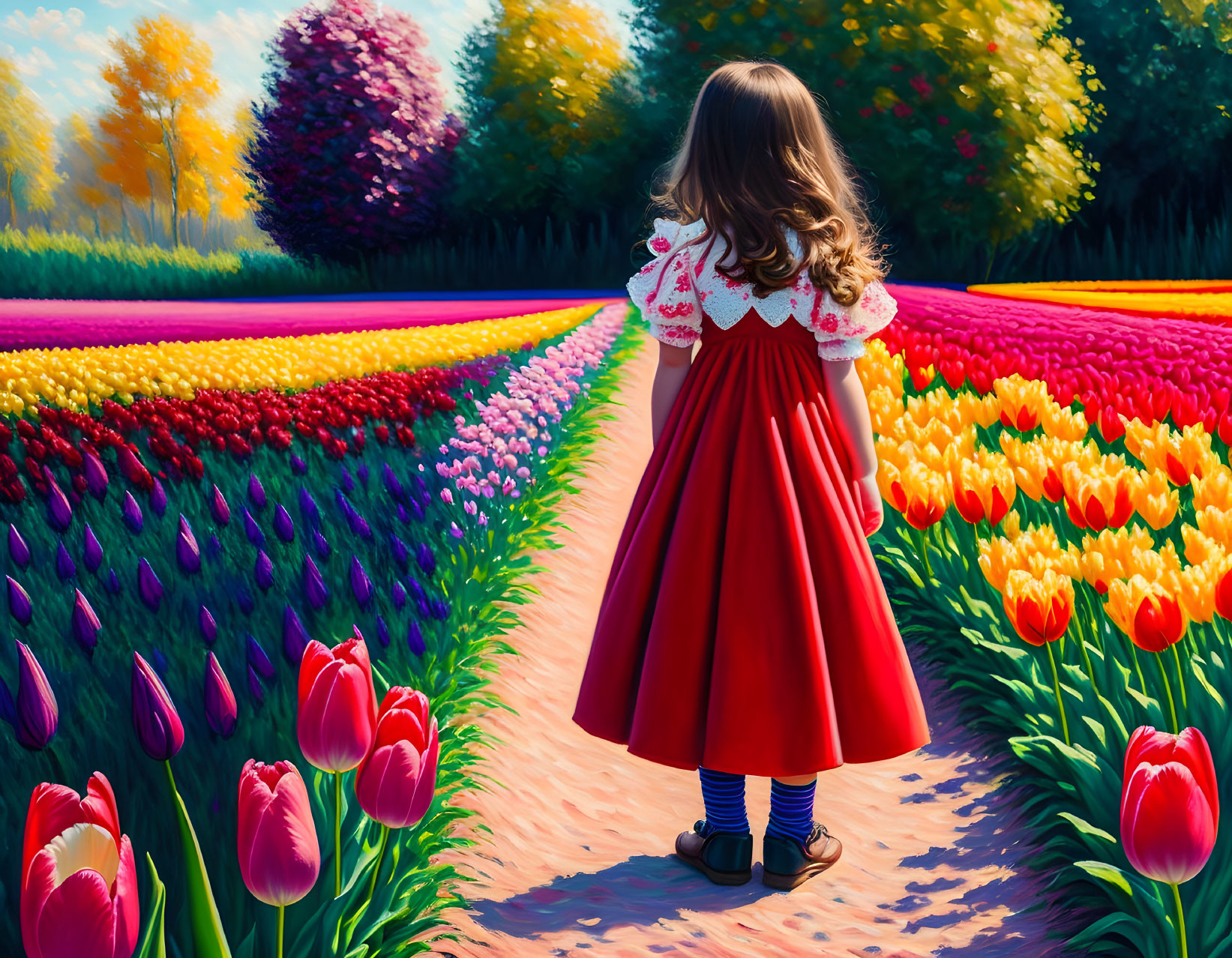 Young girl in red dress standing in vibrant tulip field on sunny day