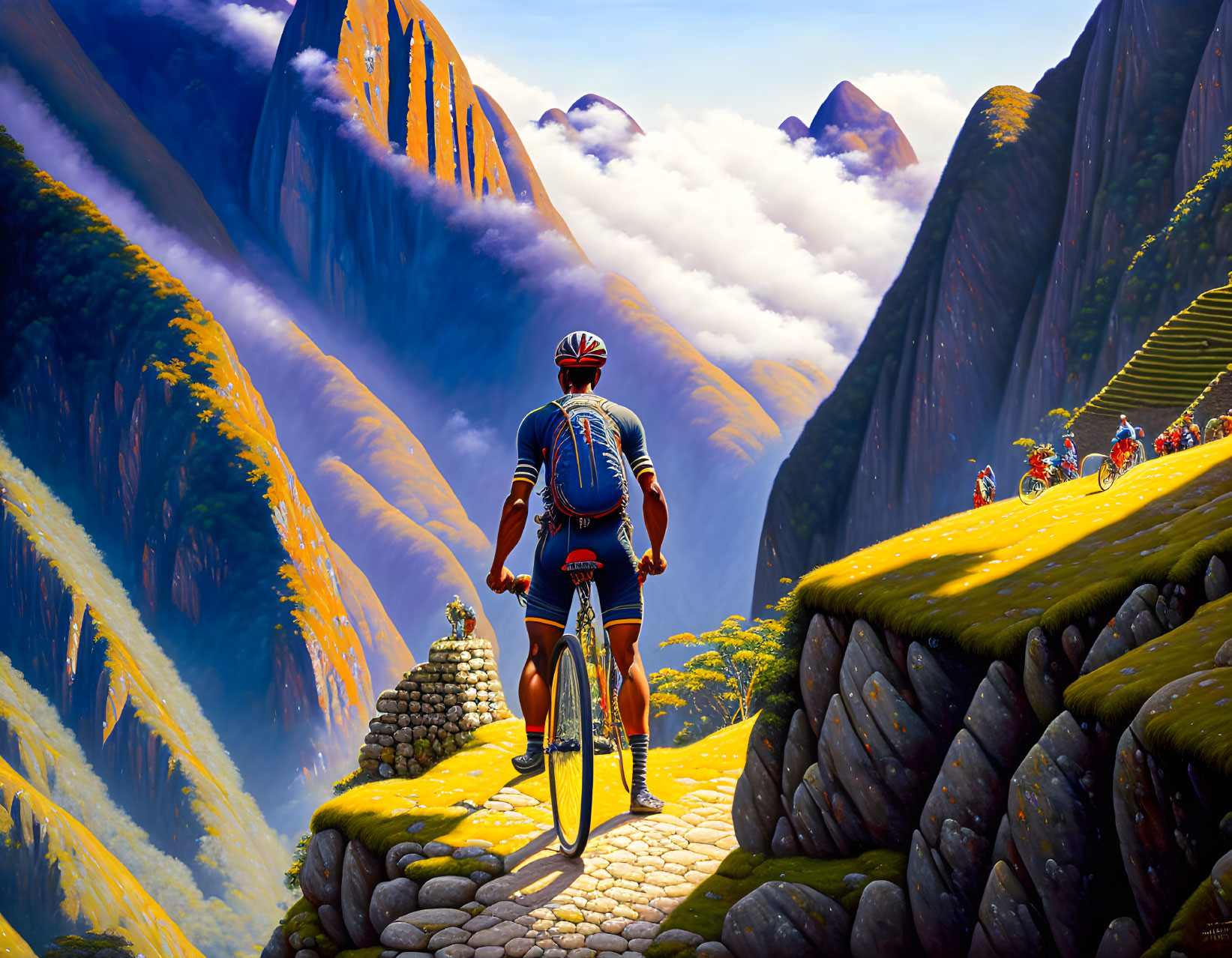 Cyclist overlooking foggy valley with riders on winding path among steep peaks