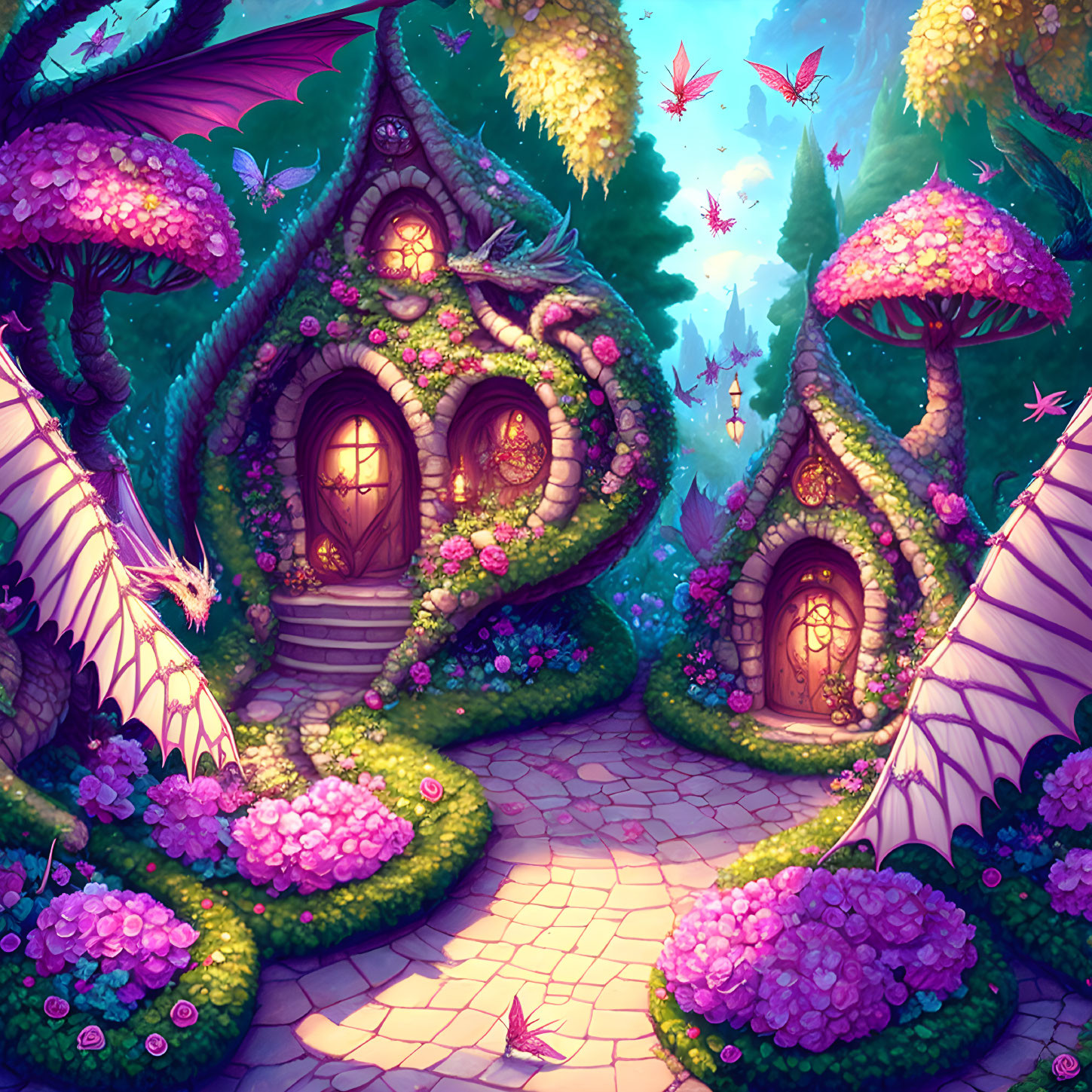 Fantasy garden with mushroom houses, vibrant flora, cobblestone path, and magical creatures