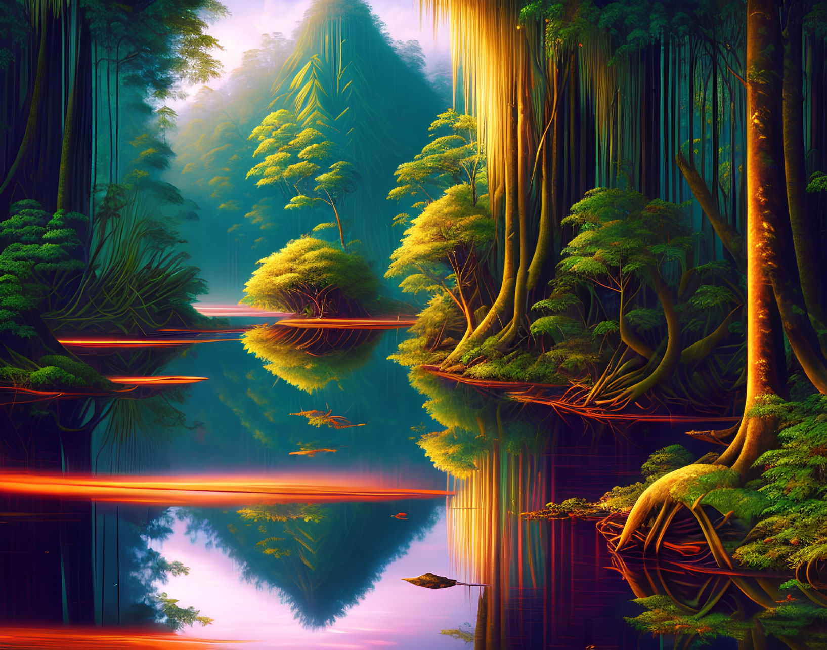 Tranquil forest scene with mirror-like reflections and saturated colors