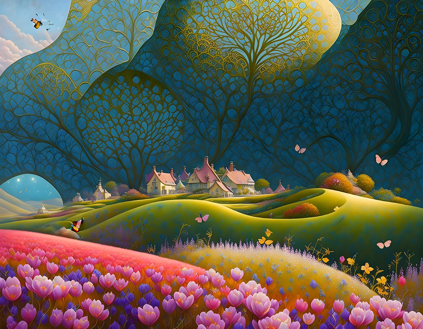 Colorful digital artwork of whimsical landscape with flower fields, hills, village, and tree pattern.