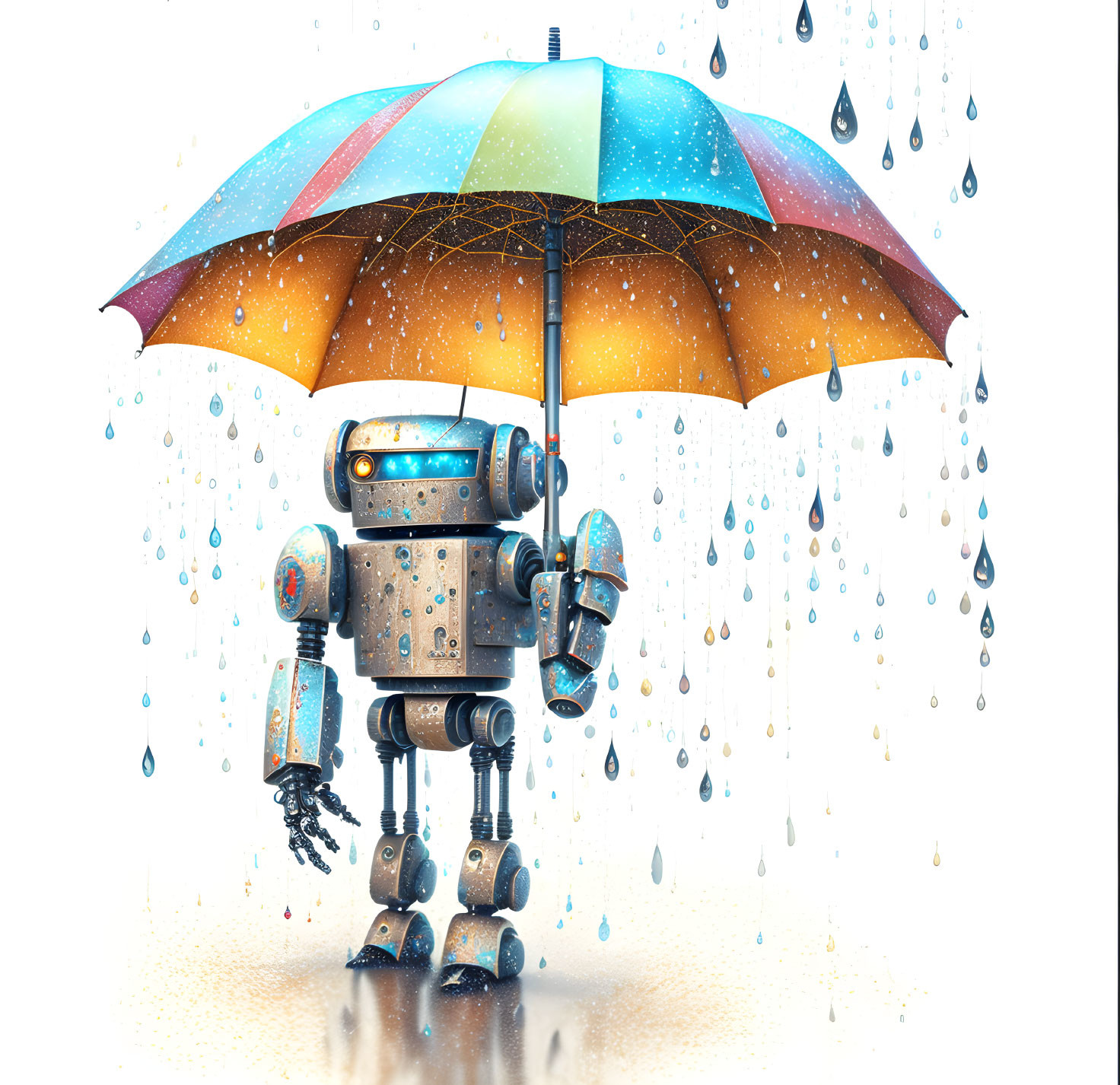 Colorful Umbrella-Wielding Robot in Rain Shower