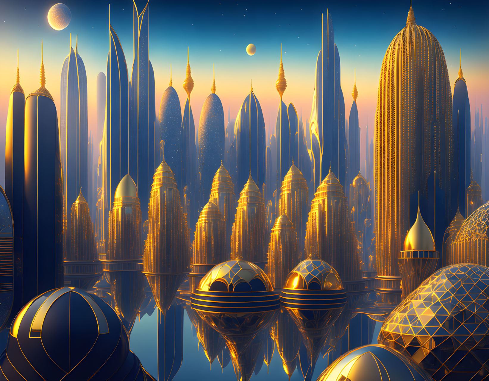 Futuristic golden cityscape with towering spires and domes reflected in water at dusk.