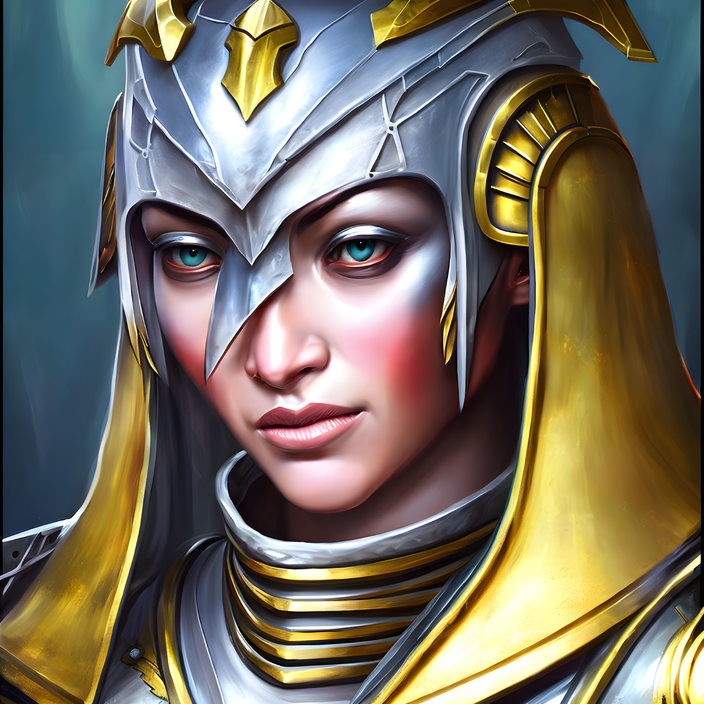 Woman in Silver and Gold Fantasy Armor with Helmet and Blue Eyes