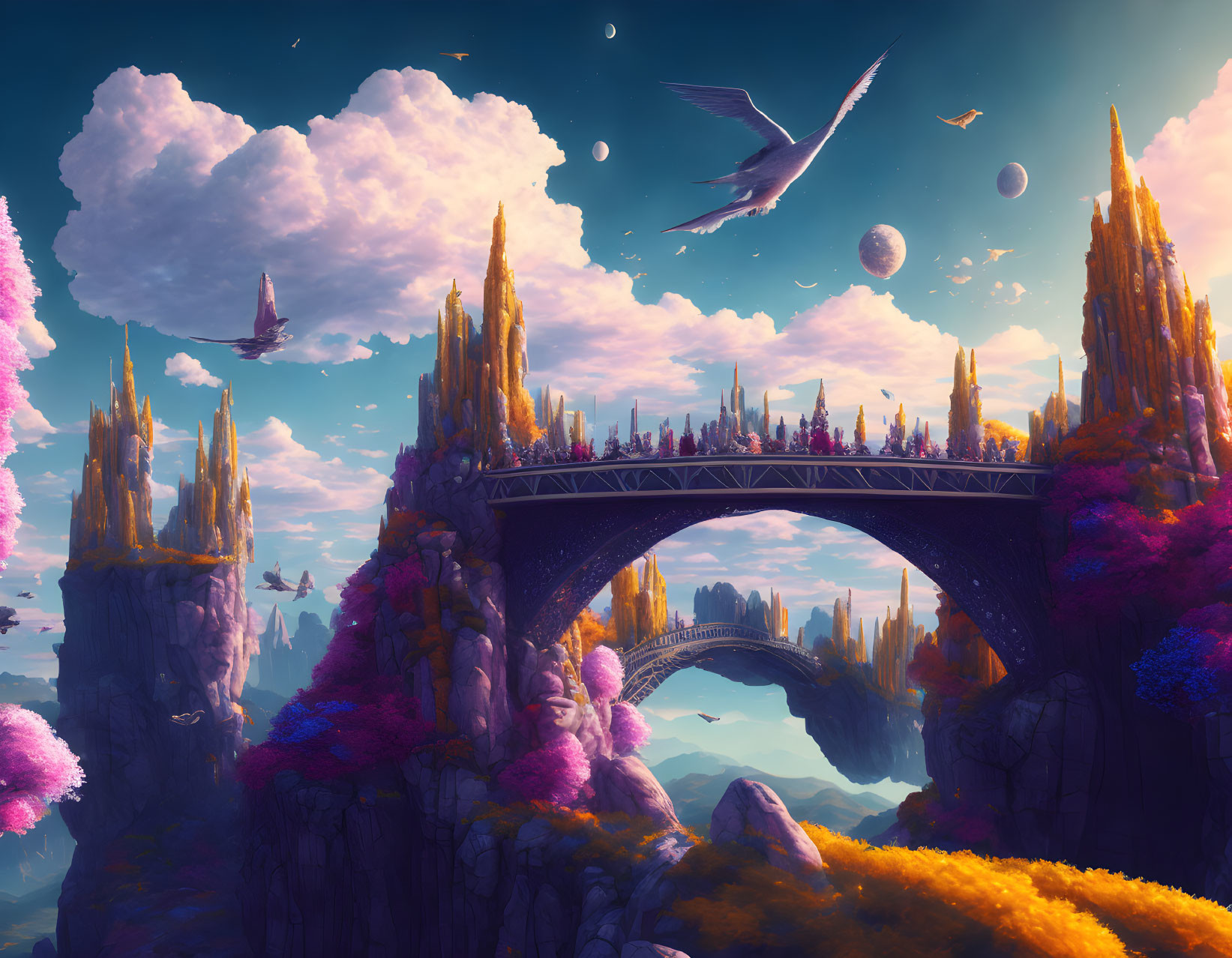 Fantasy landscape with floating islands, stone bridge, vibrant flora, celestial bodies, giant bird