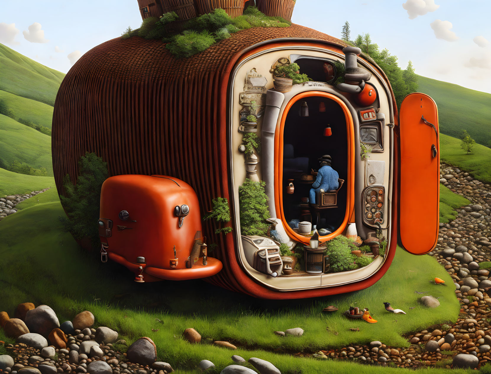 Surreal artwork of person in shoe-shaped house amidst green landscape