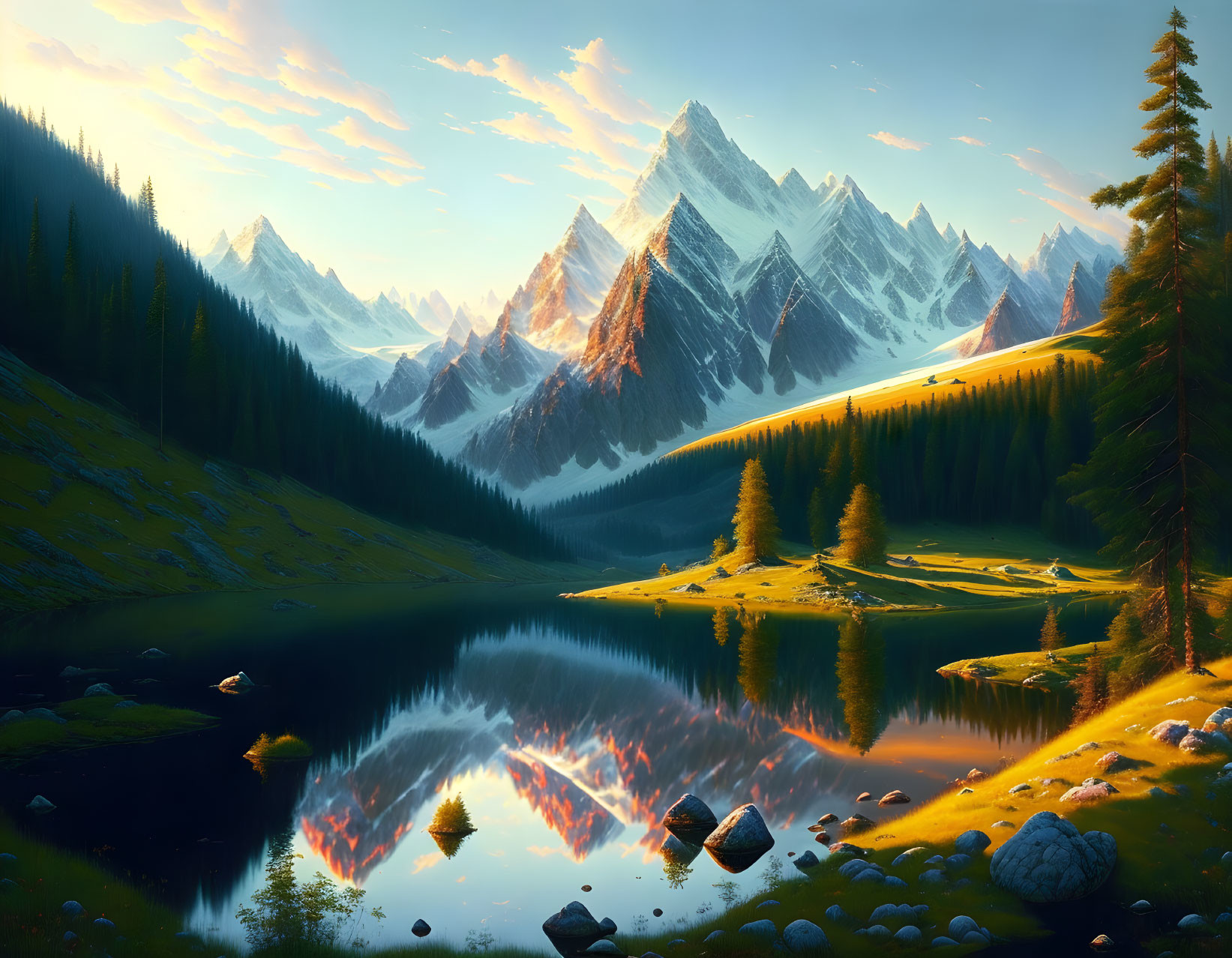 Tranquil sunset mountain landscape with reflective lake