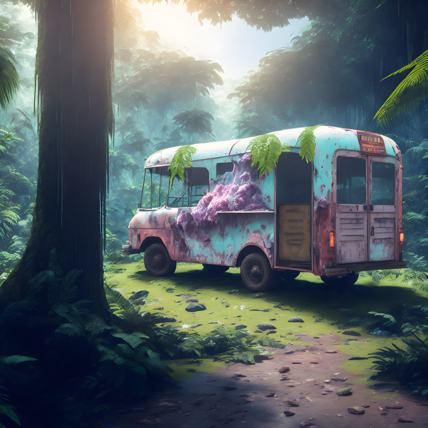 Abandoned bus covered in moss and flowers in misty forest