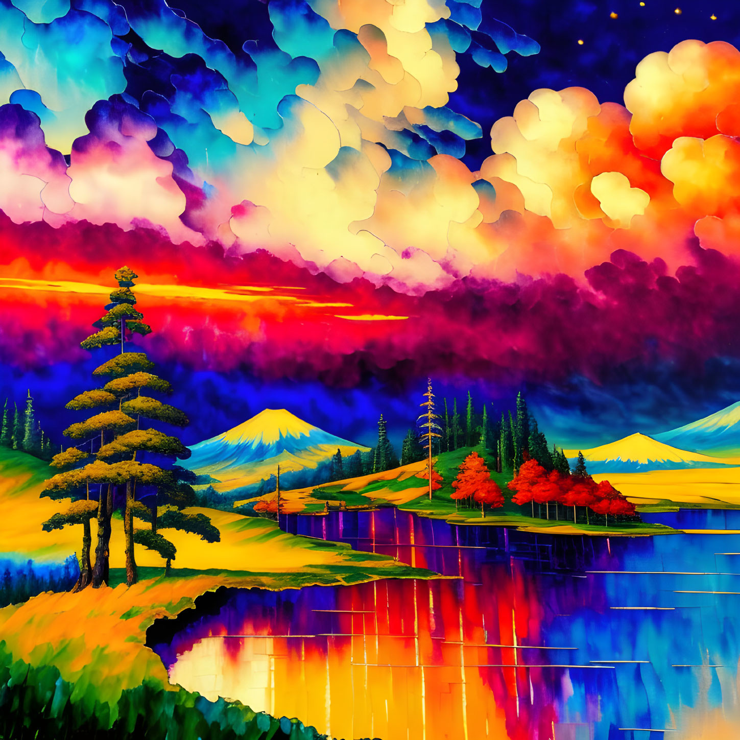 Colorful Landscape Painting with Reflective Lake and Mountains