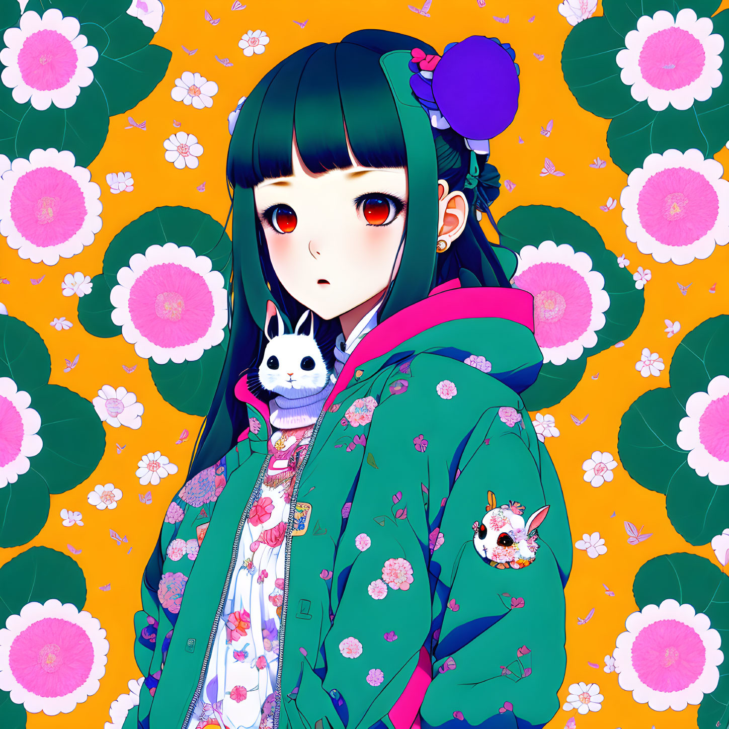 Blue-haired anime girl with red eyes holding a white cat on orange background with pink flowers