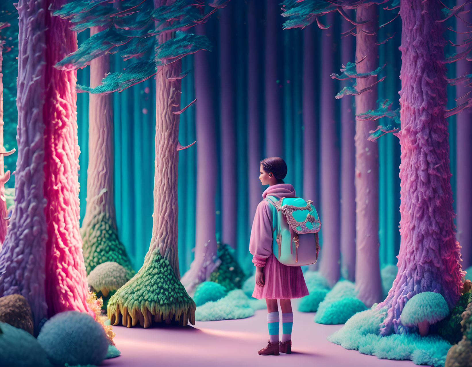 Person in pink outfit in surreal, colorful forest with purple trees and teal foliage