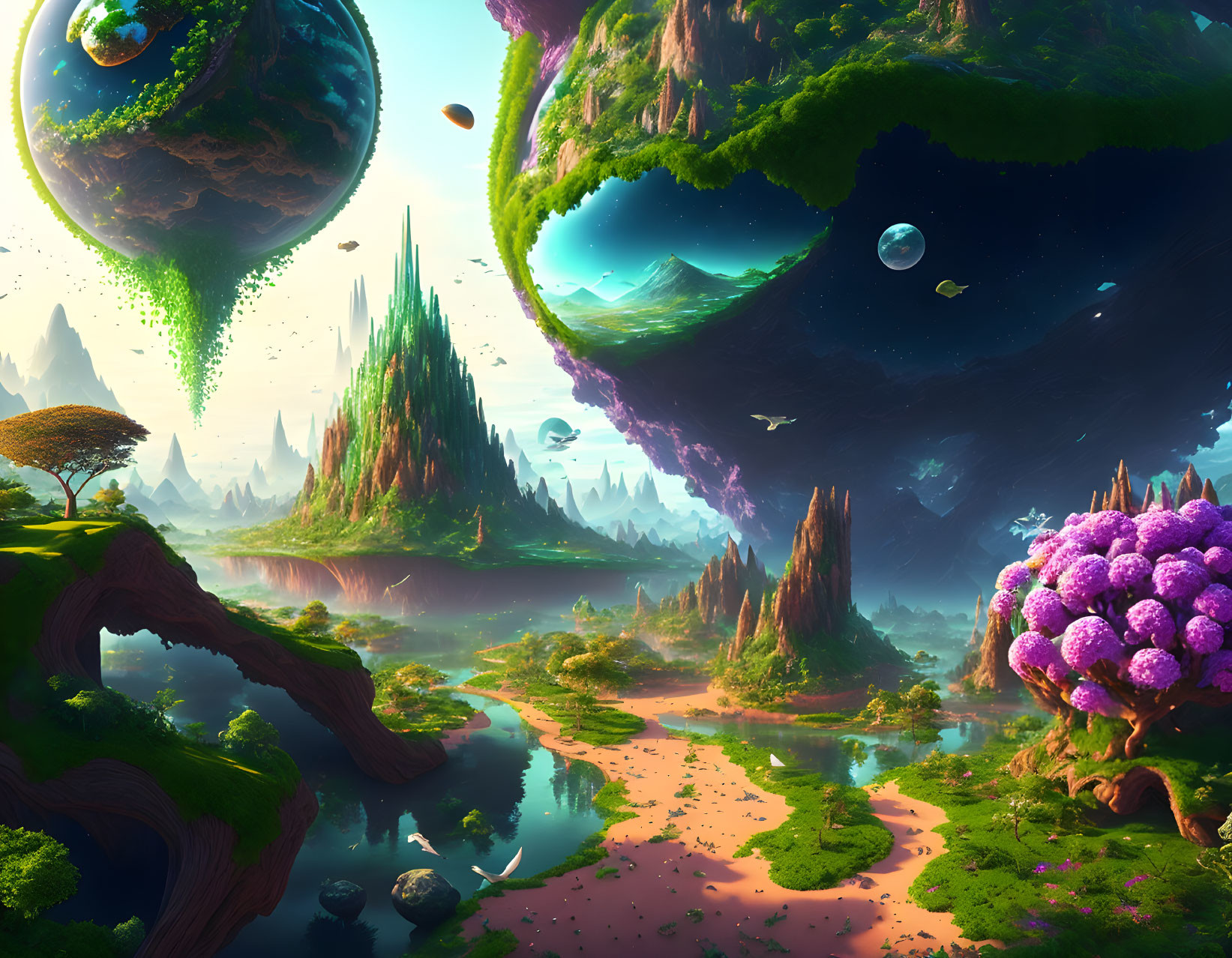 Fantasy landscape with floating islands, pink shores, lush greenery, and multiple moons.