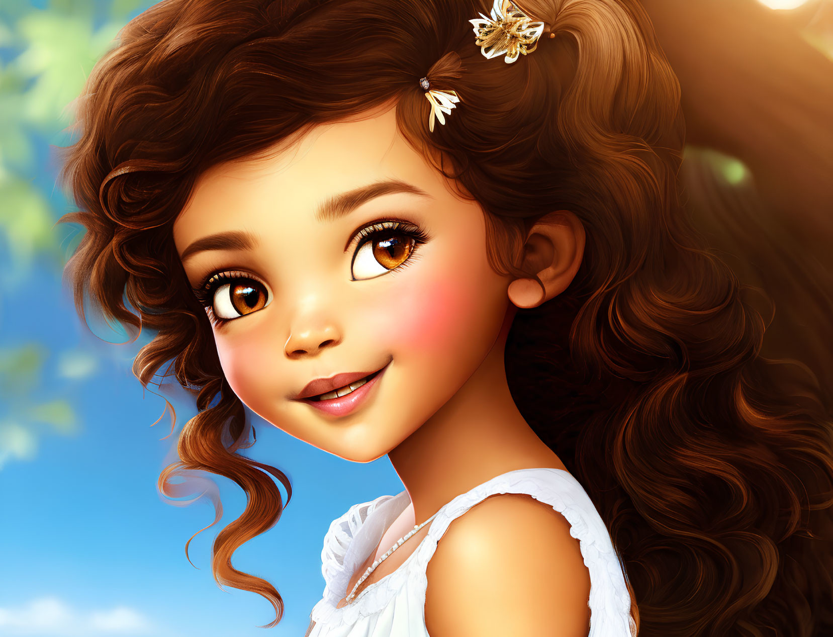 Young girl digital illustration with curly brown hair and white dress