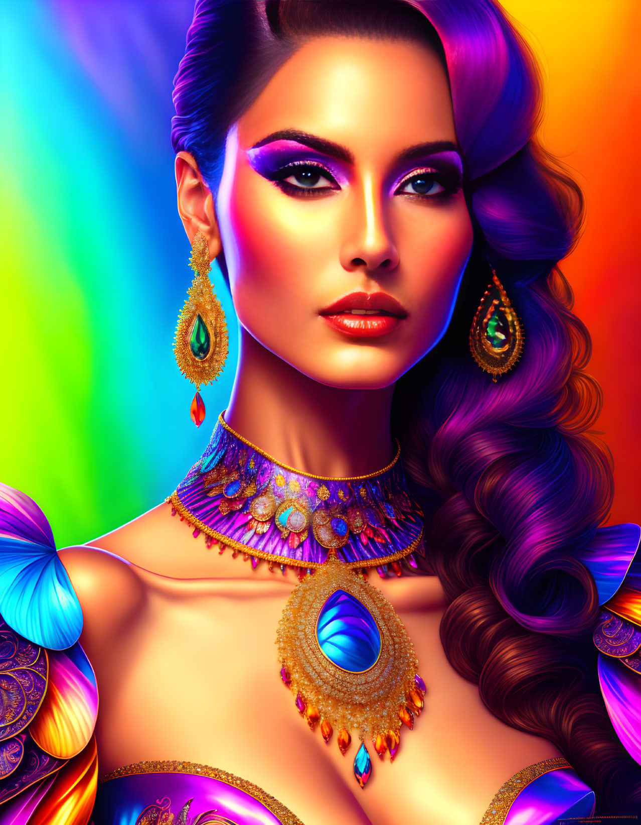 Colorful portrait of woman with glamorous makeup and gold jewelry on vibrant background