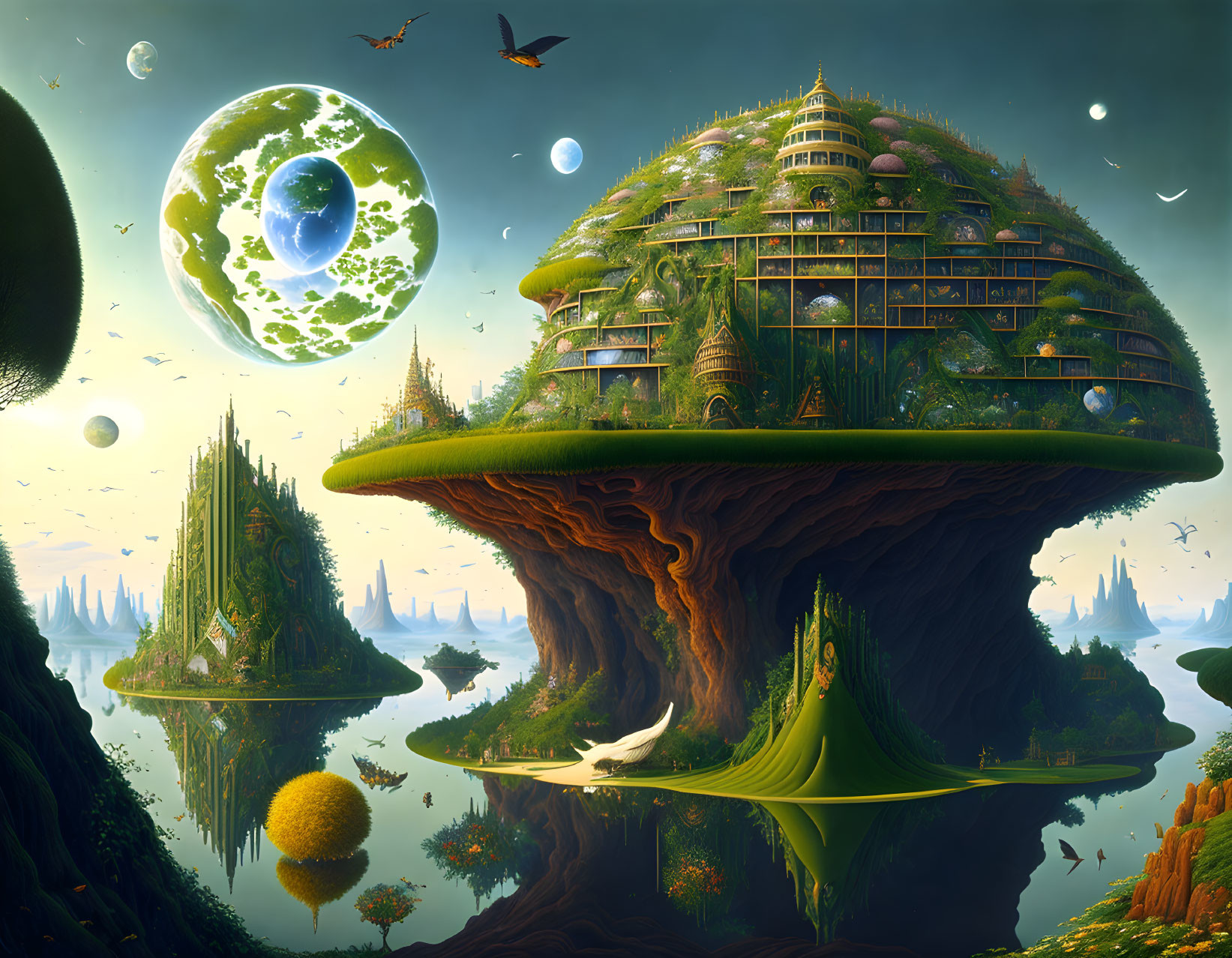 Fantastical landscape with towering tree, intricate buildings, and diverse flora and fauna.