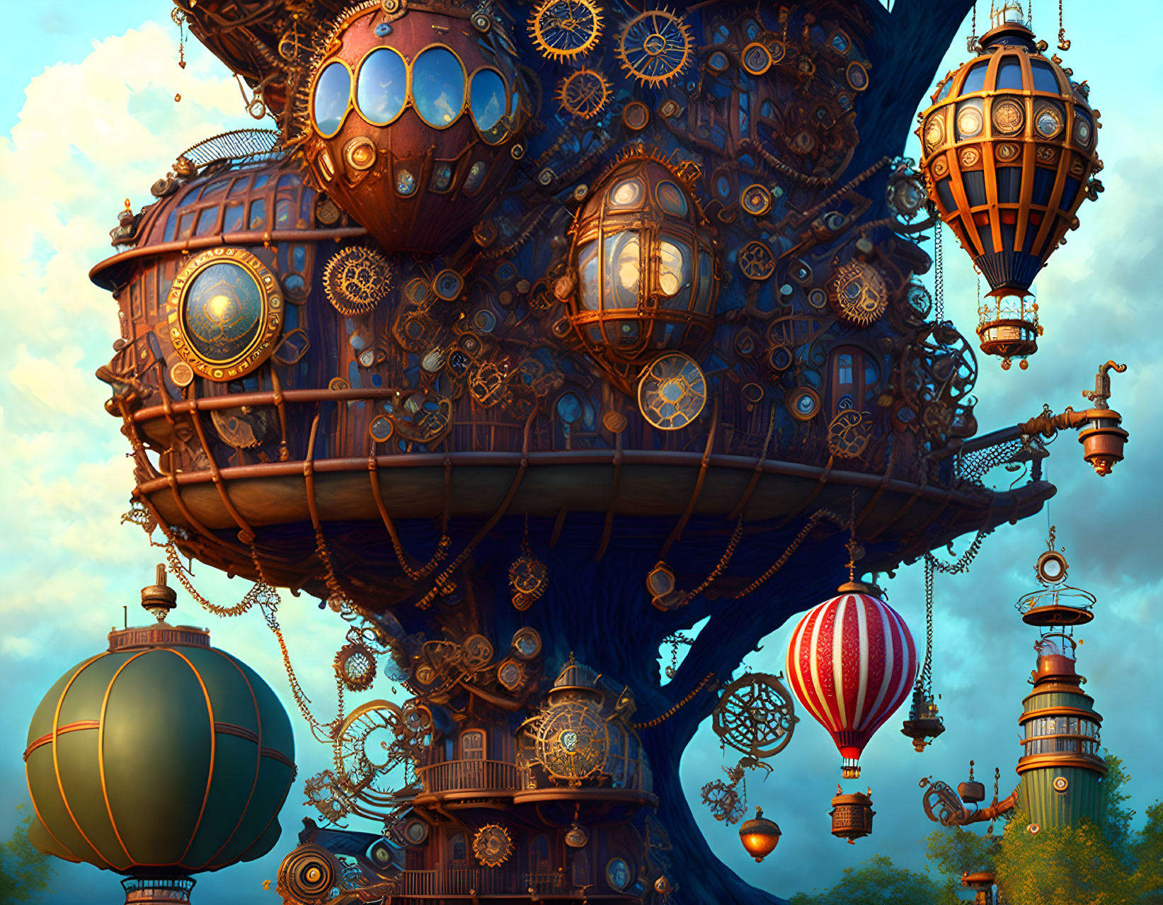 Steampunk treehouse with gears, airships, and balloons in whimsical sky