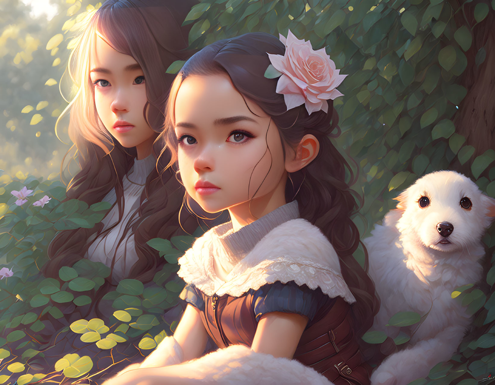 Illustrated girls with detailed features and a fluffy dog in a sunny garden scene