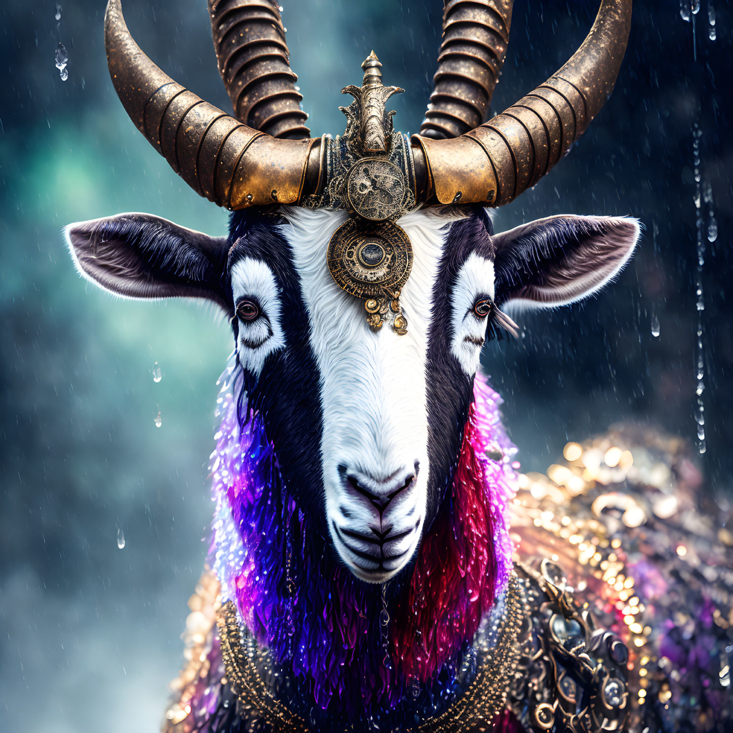 Majestic goat with adorned horns and purple neck fur in rain shower