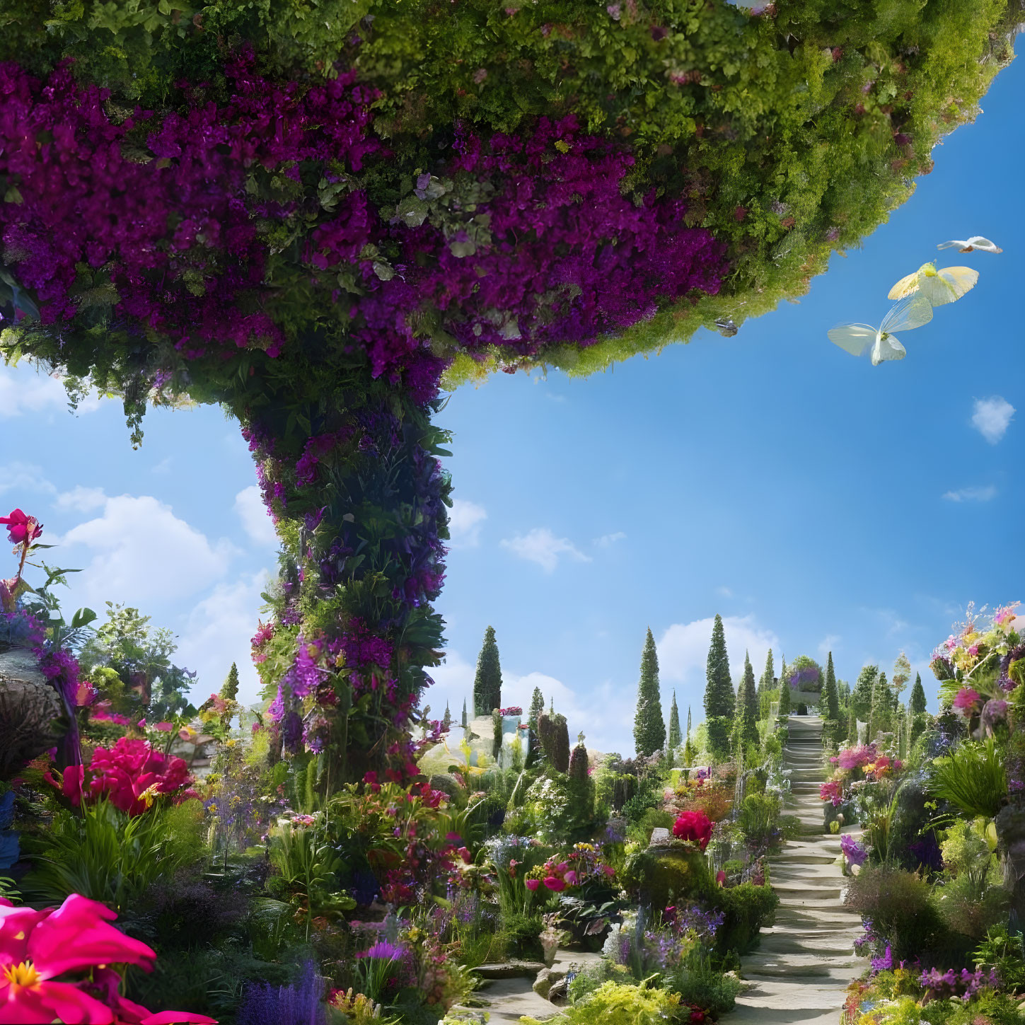 Colorful Garden with Floating Island and Butterflies