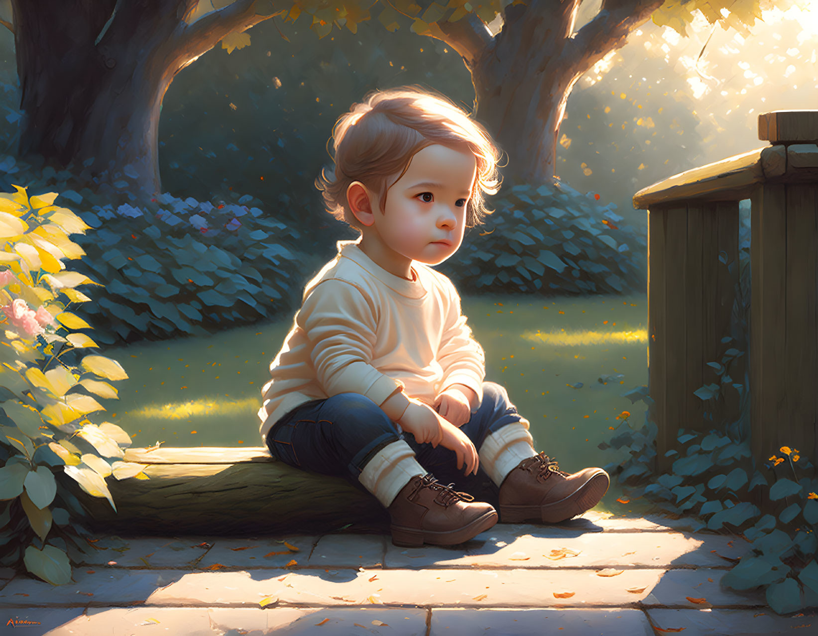 Child sitting on curb in sun-dappled park with thoughtful expression