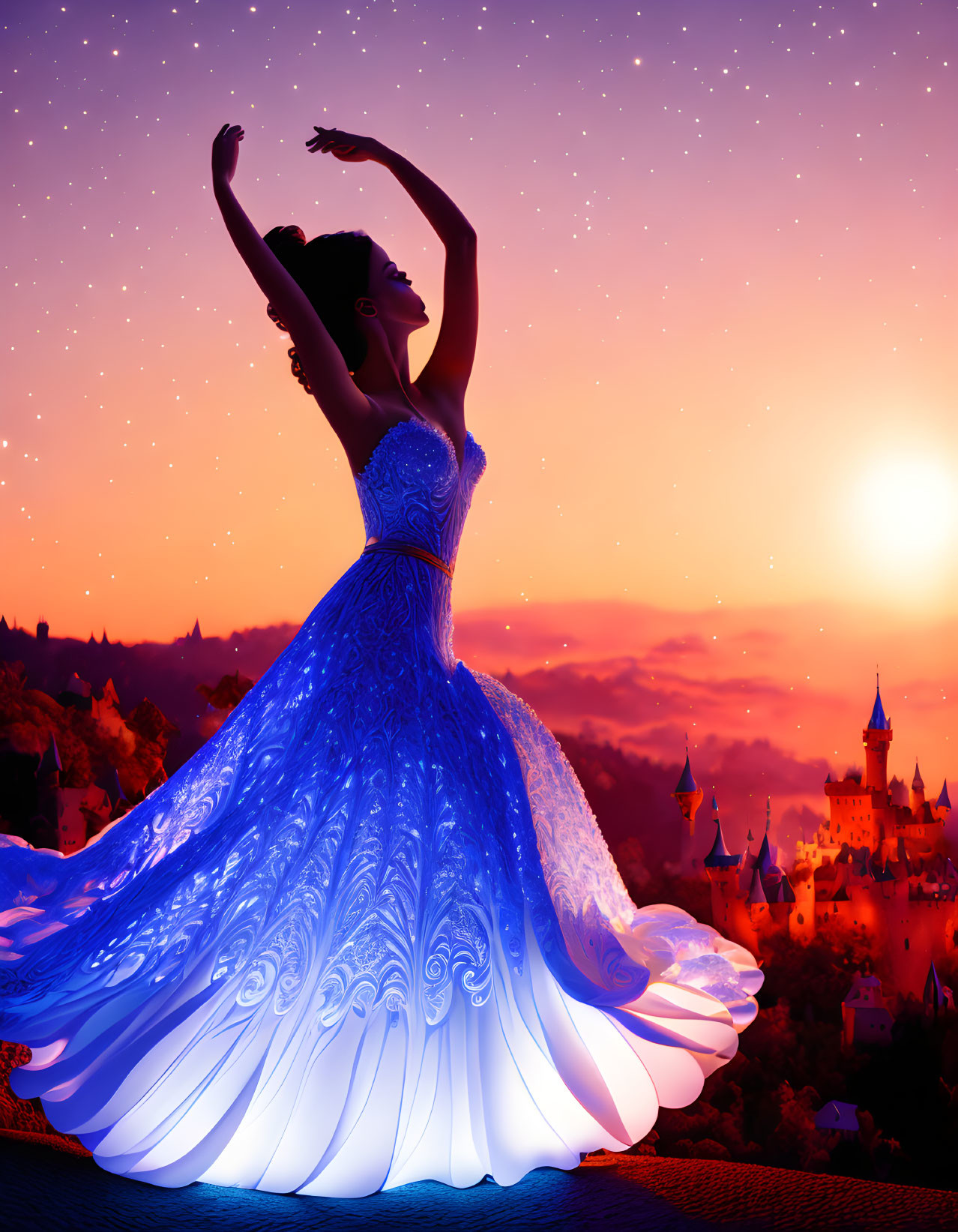 Elegant ballerina in blue gown dances under twilight sky