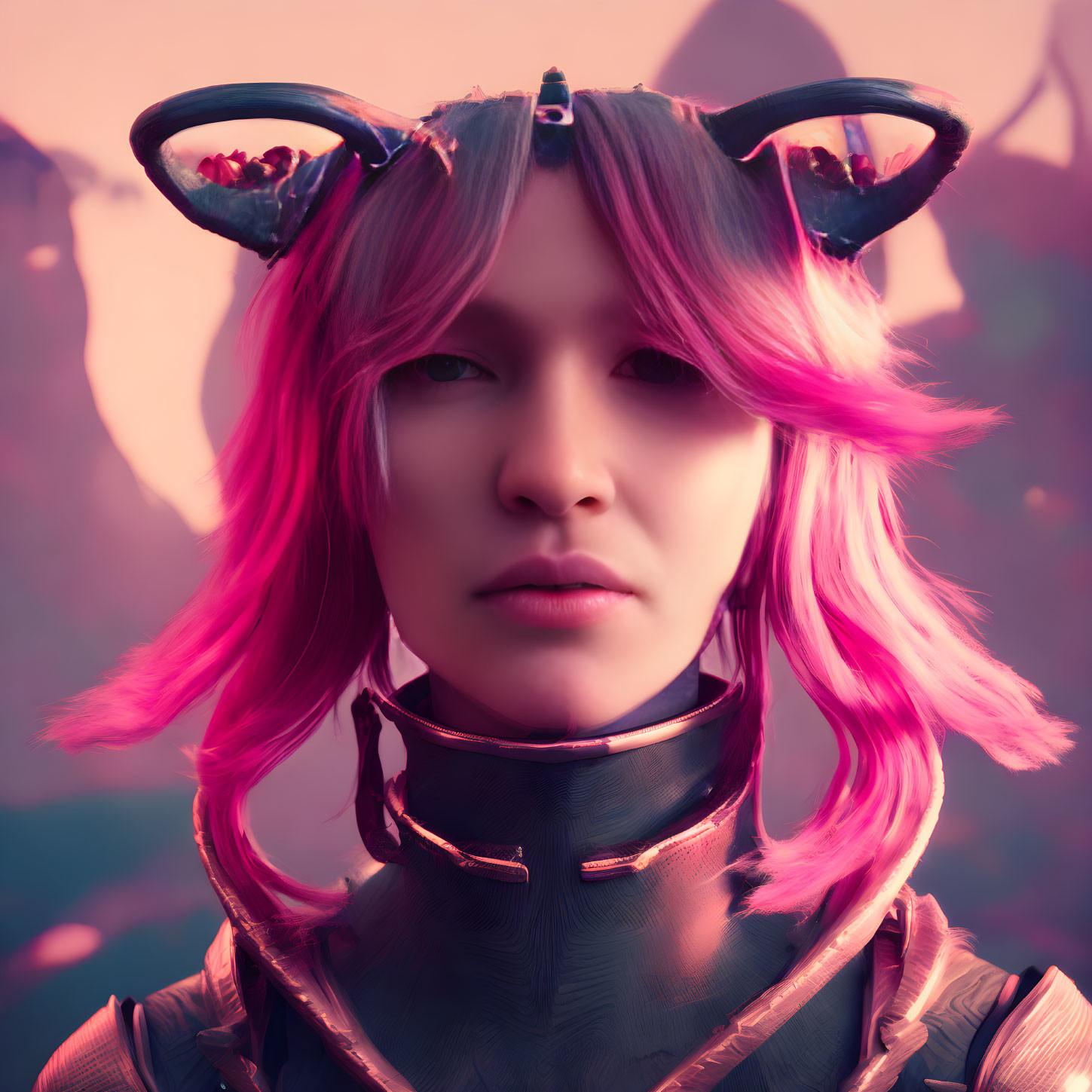 Pink-haired person with cat ears in futuristic black outfit on pink background