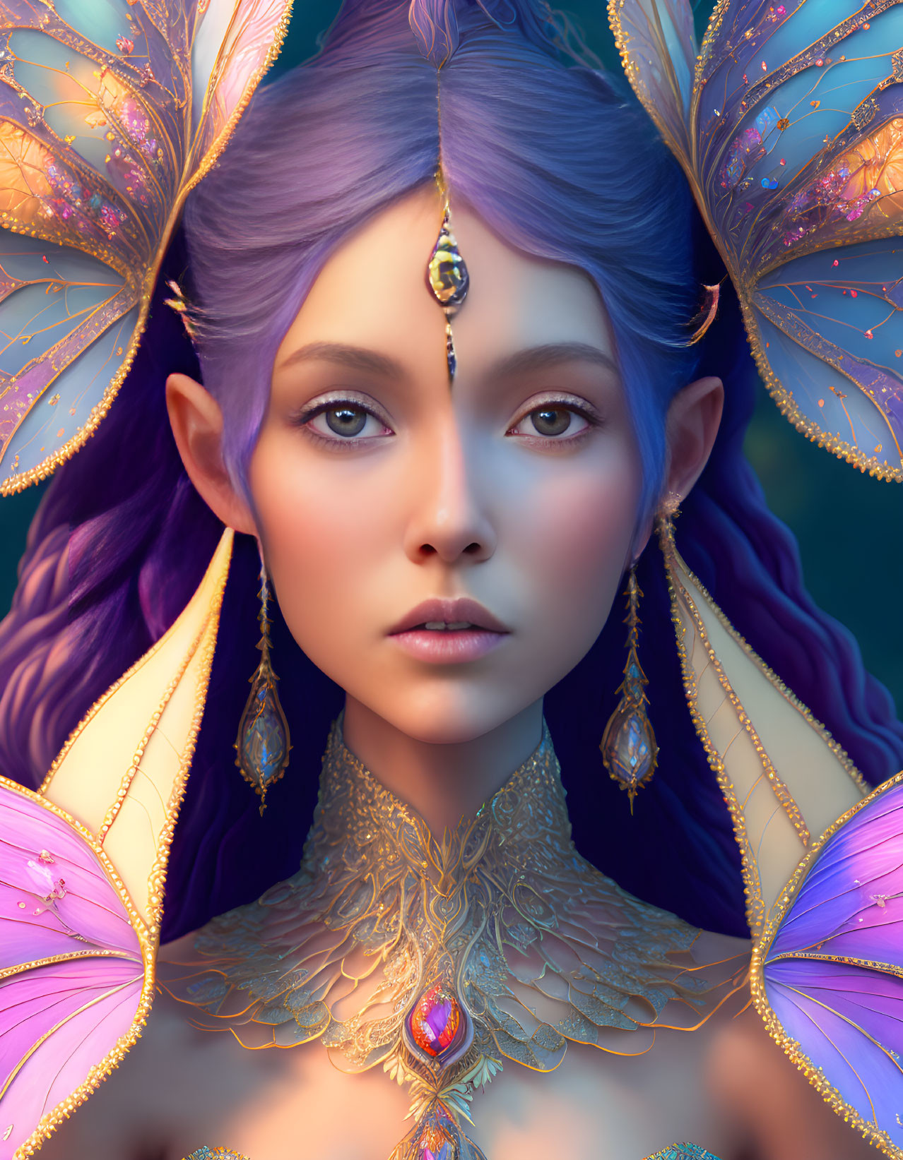 Fantasy digital art of female with lilac hair, butterfly wings, and golden jewelry