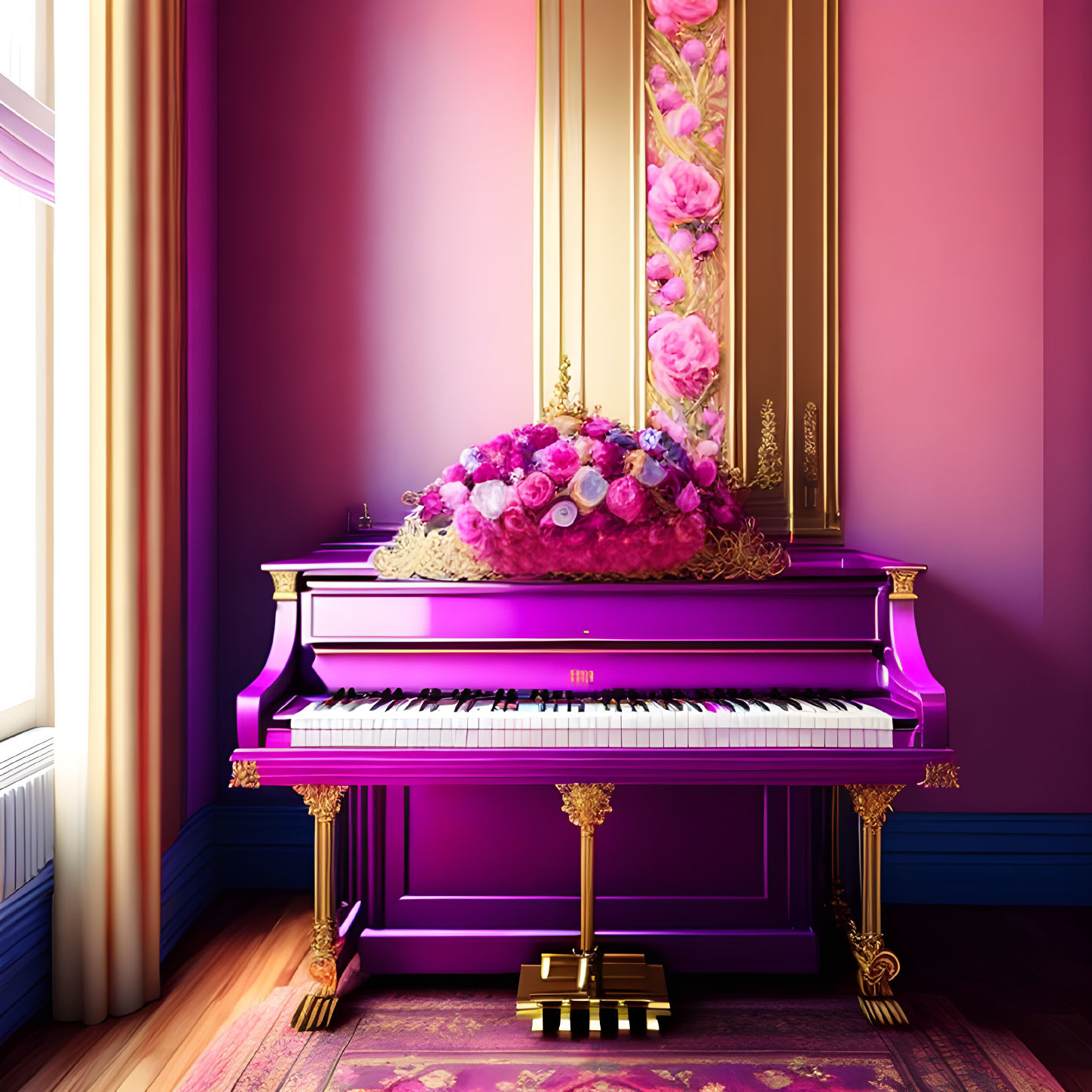 Purple Piano with Floral Arrangement in Purple and Gold Room