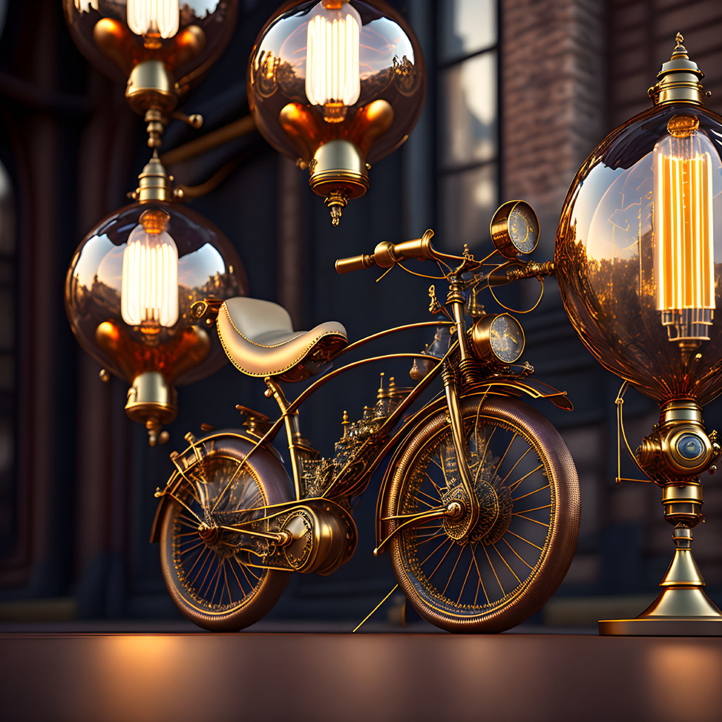 Steampunk-Inspired Bicycle Surrounded by Oversized Lightbulbs in Vintage Architecture