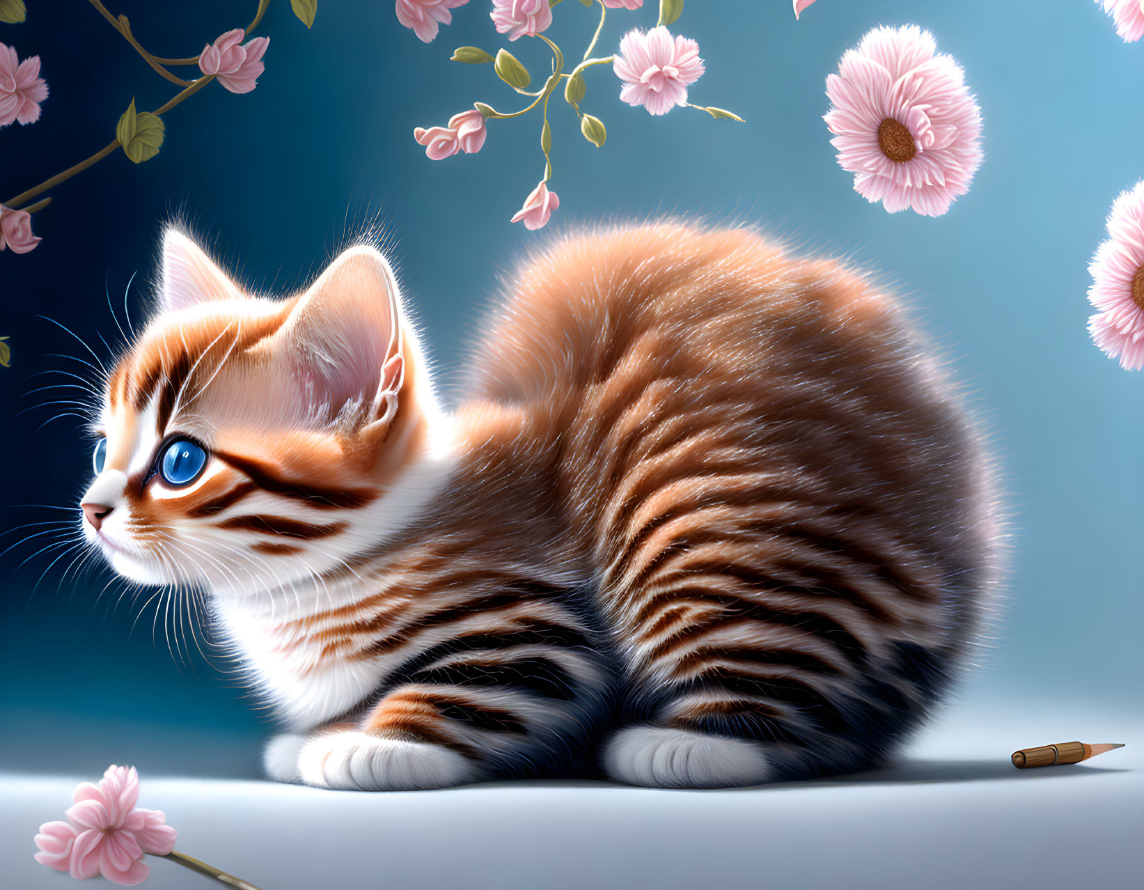 Orange Striped Kitten with Blue Eyes Surrounded by Pink Cherry Blossoms