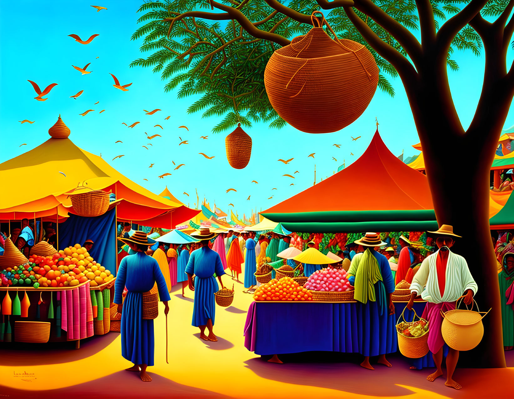 Colorful Market Scene with Fruit Stalls, Tree, and Birds