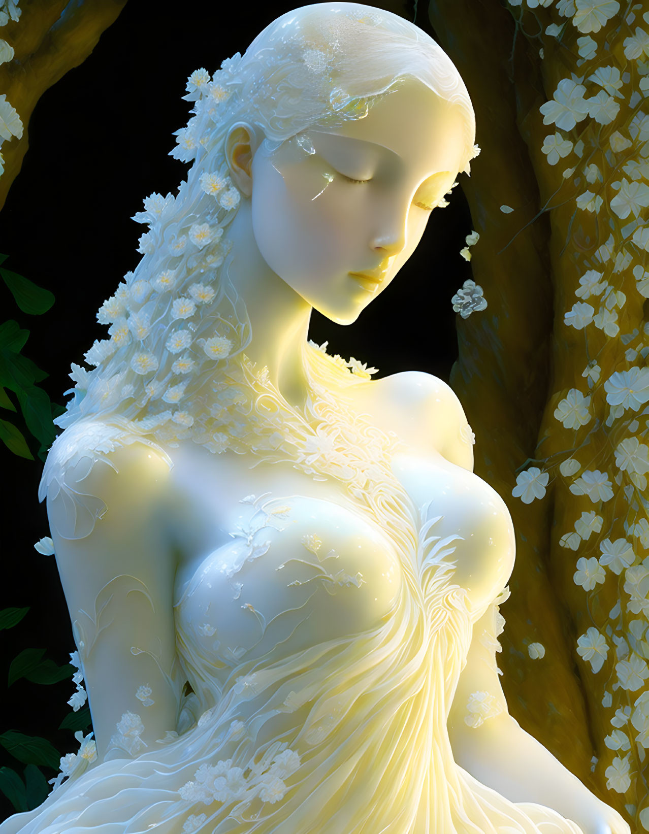 Floral-patterned woman statue in white dress on dark background