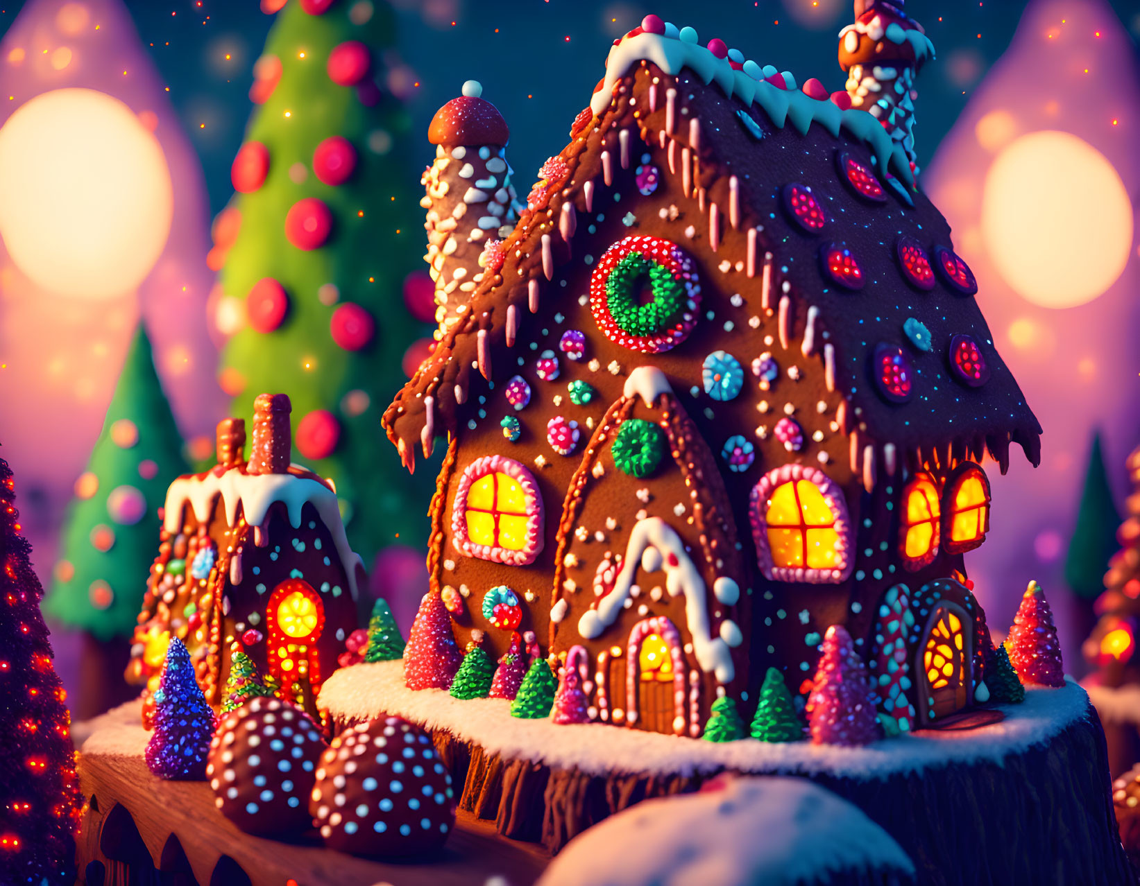 Colorful Gingerbread House with Festive Decorations at Twilight