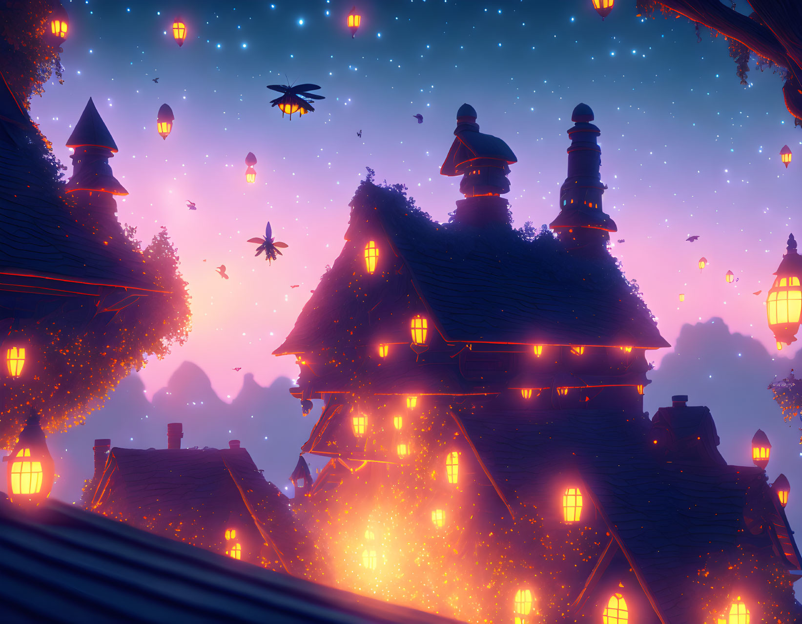 Enchanting twilight village with glowing lanterns and airships in pink and blue sky