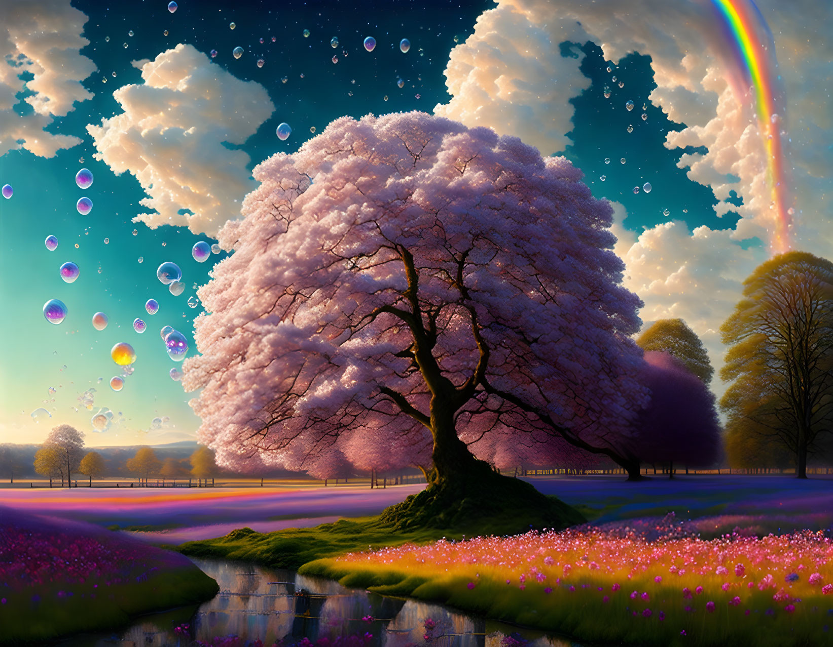 Colorful cherry blossom tree with soap bubbles, rainbow, and scenic river landscape